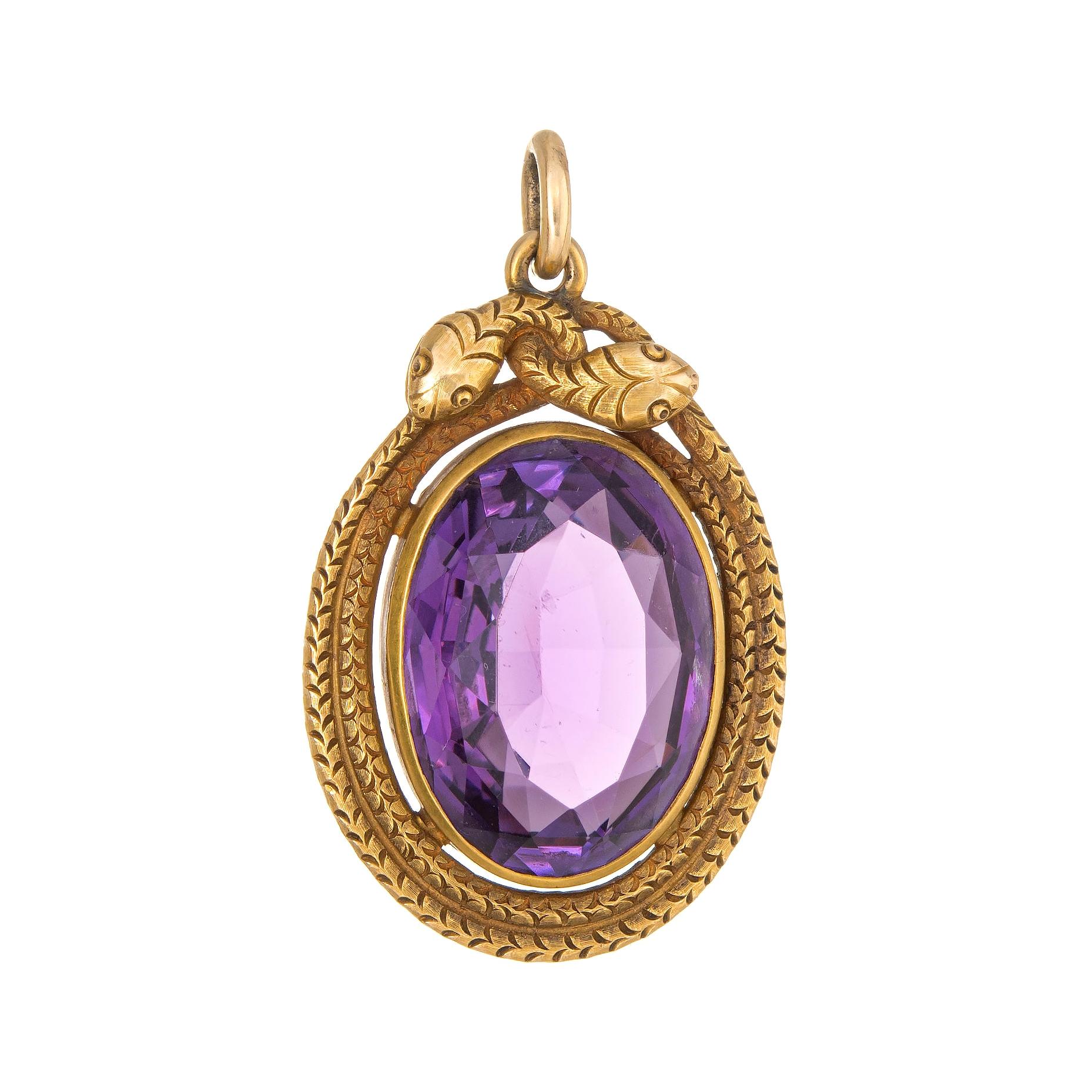 Antique Victorian Double Snake Pendant 18 Karat Gold Amethyst Large Oval Fine