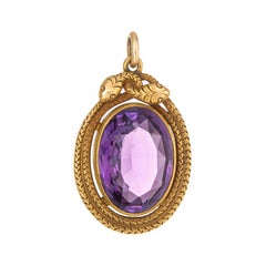 Antique Victorian Double Snake Pendant 18 Karat Gold Amethyst Large Oval Fine