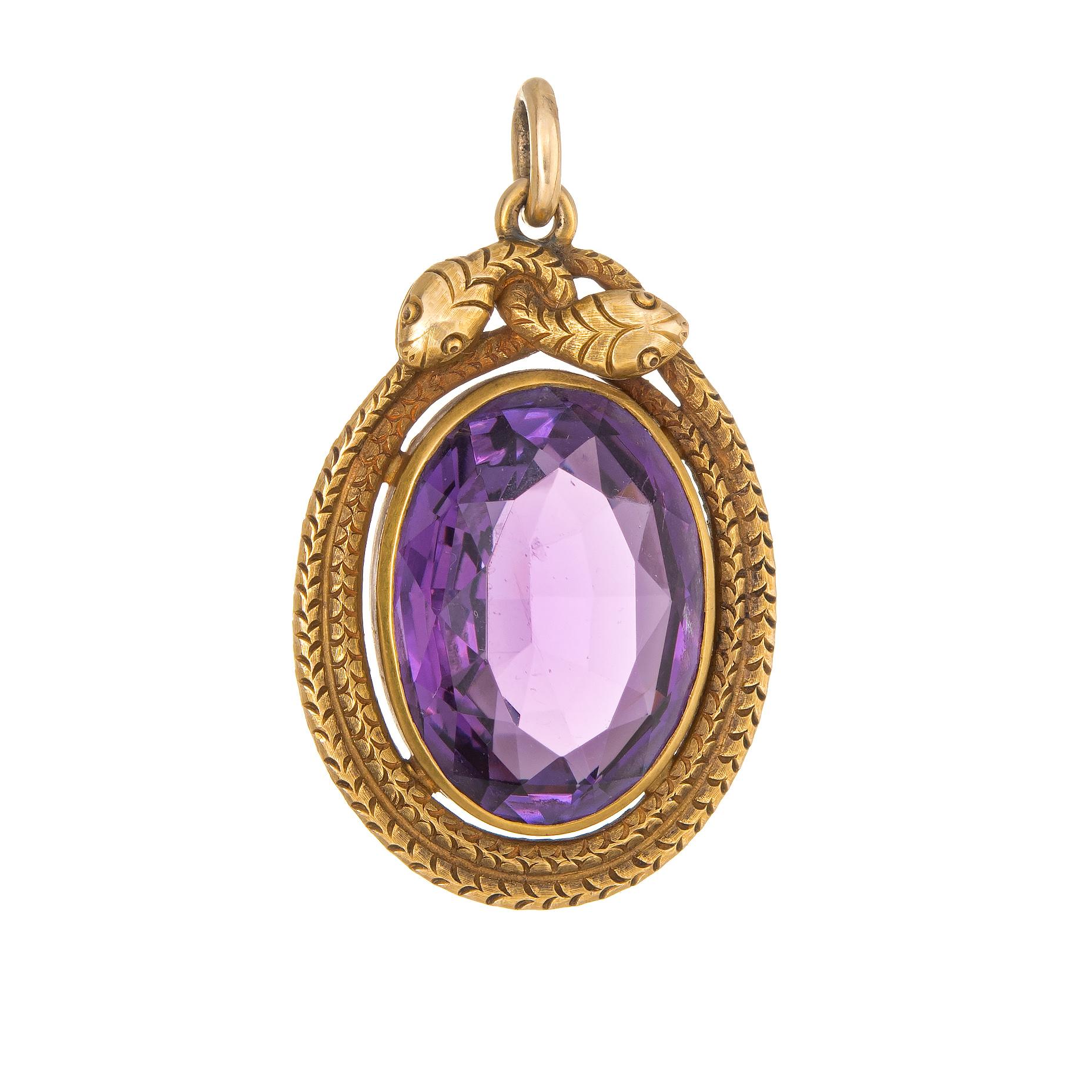 Antique Victorian Double Snake Pendant 18 Karat Gold Amethyst Large Oval Fine In Good Condition In Torrance, CA