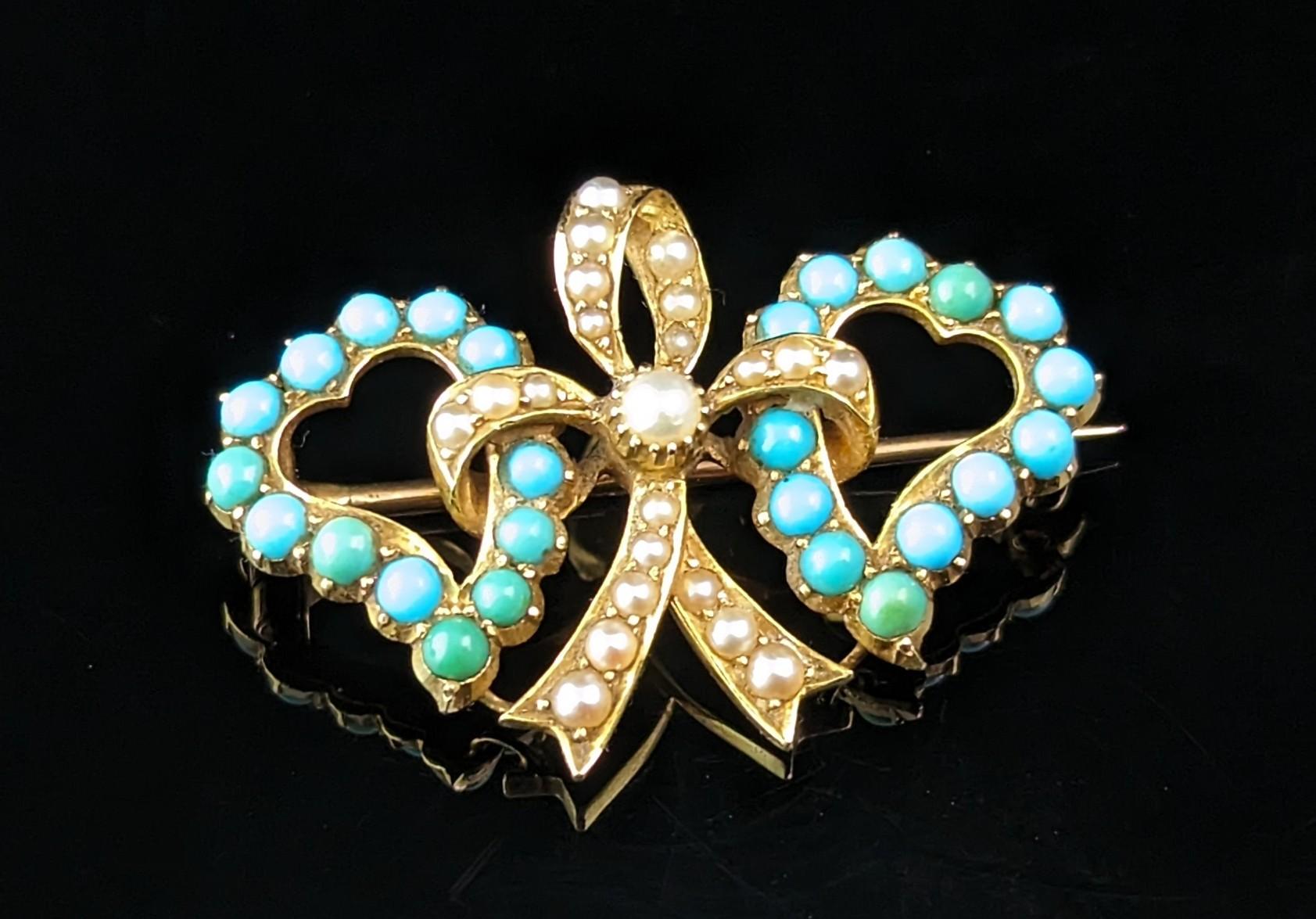 Antique Victorian double Witches heart brooch, 22k gold, Turquoise and pearl  4