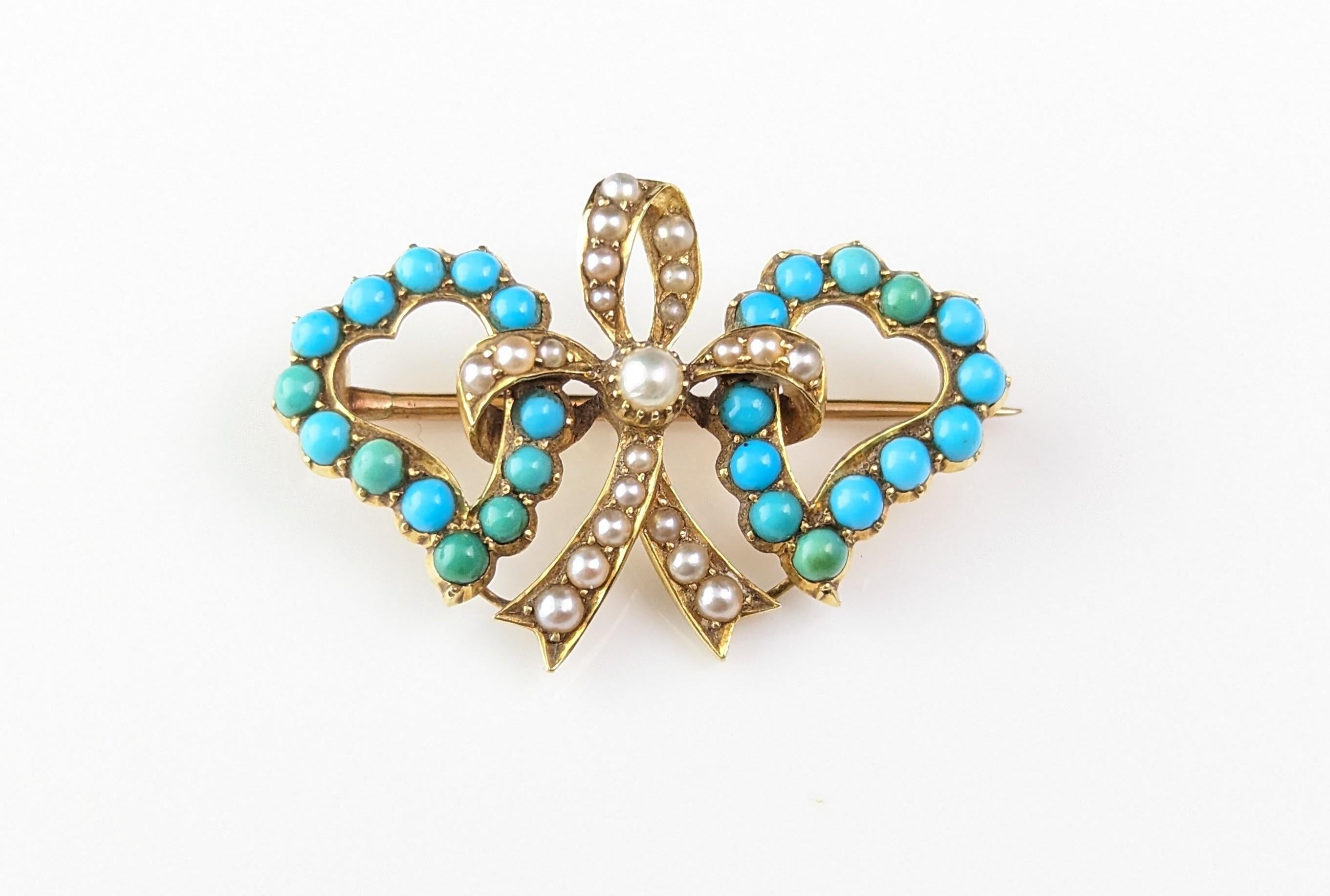Antique Victorian double Witches heart brooch, 22k gold, Turquoise and pearl  5
