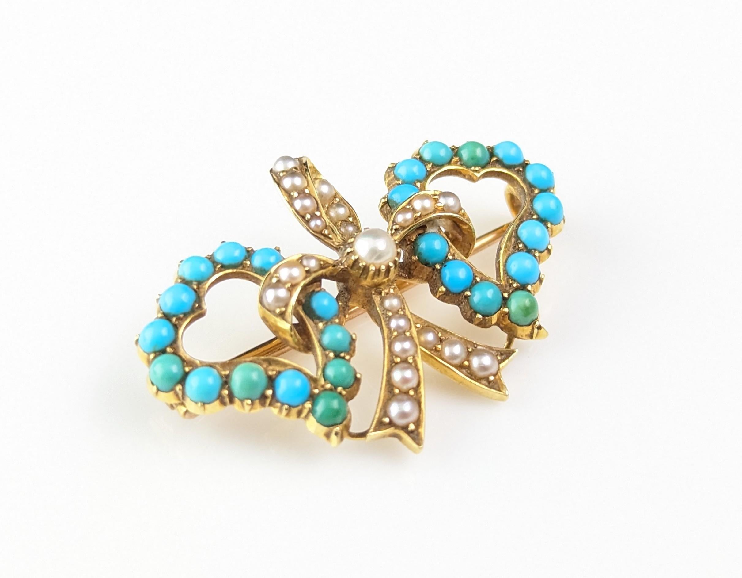 Antique Victorian double Witches heart brooch, 22k gold, Turquoise and pearl  6