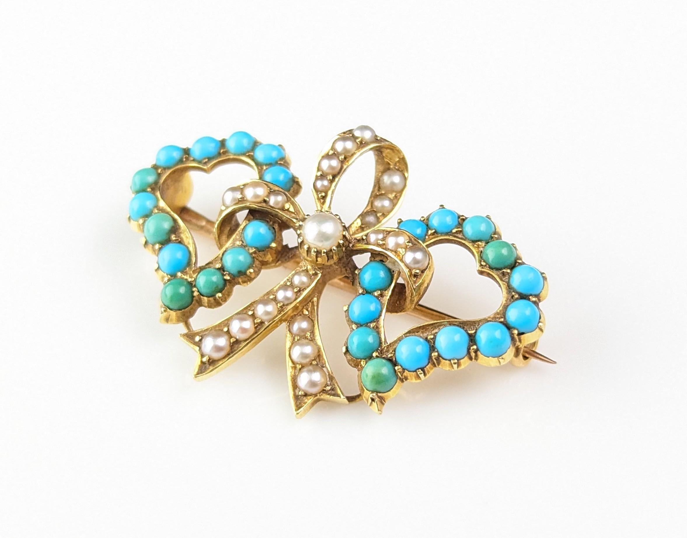 Antique Victorian double Witches heart brooch, 22k gold, Turquoise and pearl  7