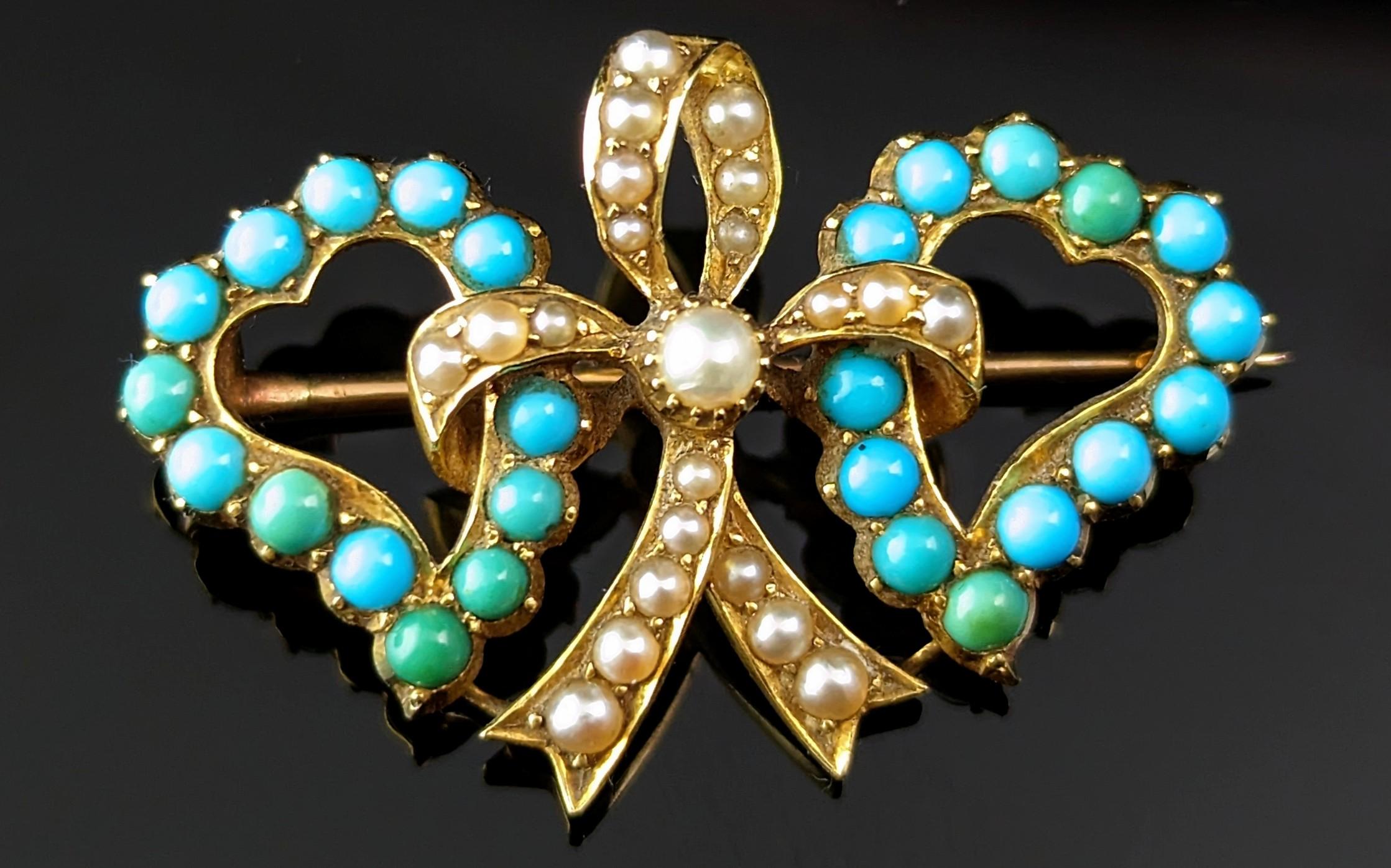 Antique Victorian double Witches heart brooch, 22k gold, Turquoise and pearl  1