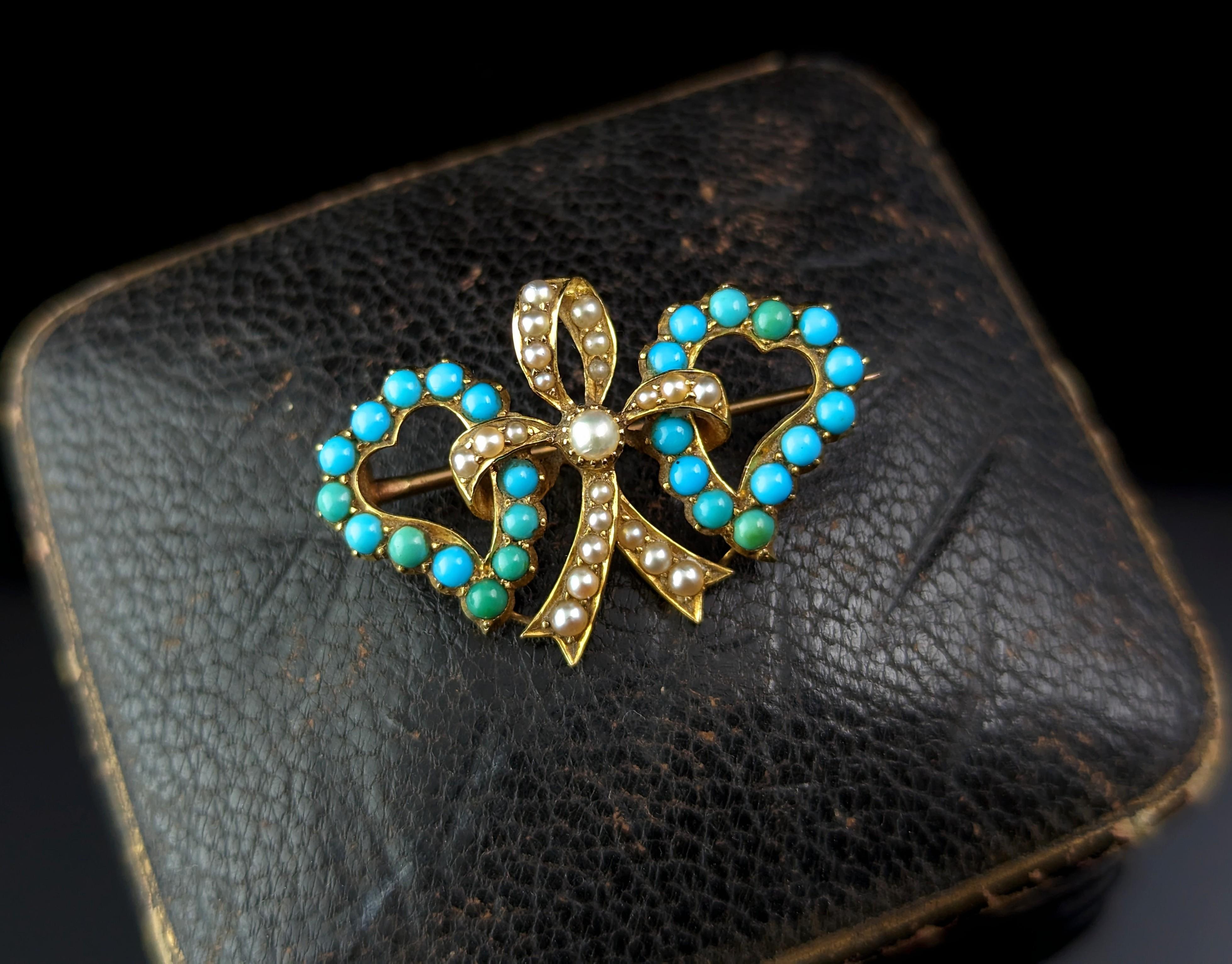 Antique Victorian double Witches heart brooch, 22k gold, Turquoise and pearl  2