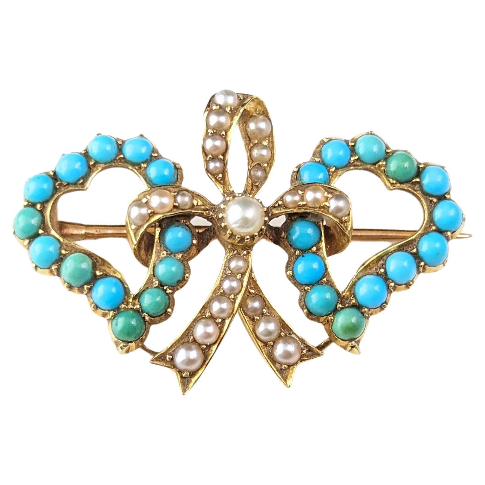 Antique Victorian double Witches heart brooch, 22k gold, Turquoise and pearl 