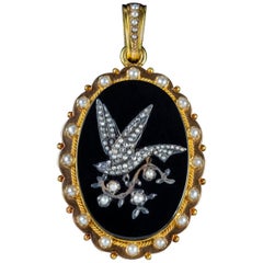 Antique Victorian Dove Locket Onyx Diamond Pearl 18 Carat Gold, circa 1880