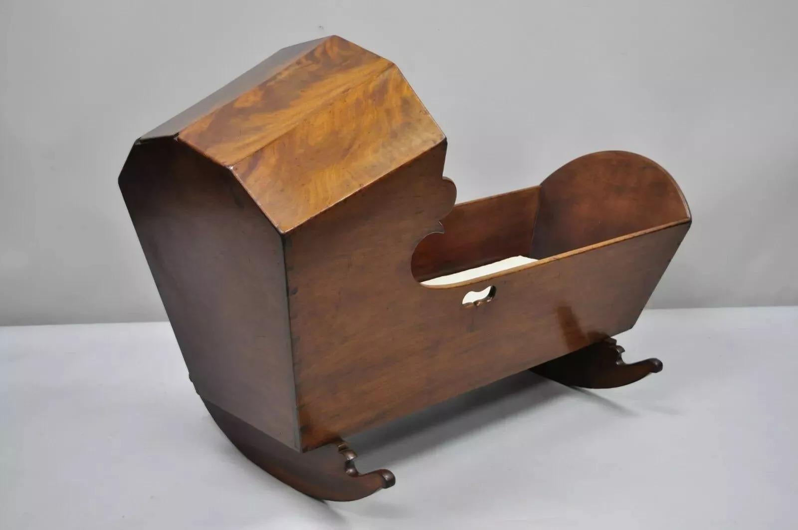Antique Victorian Dovetailed Crotch Mahogany Wooden Hooded Baby Cradle For Sale 6