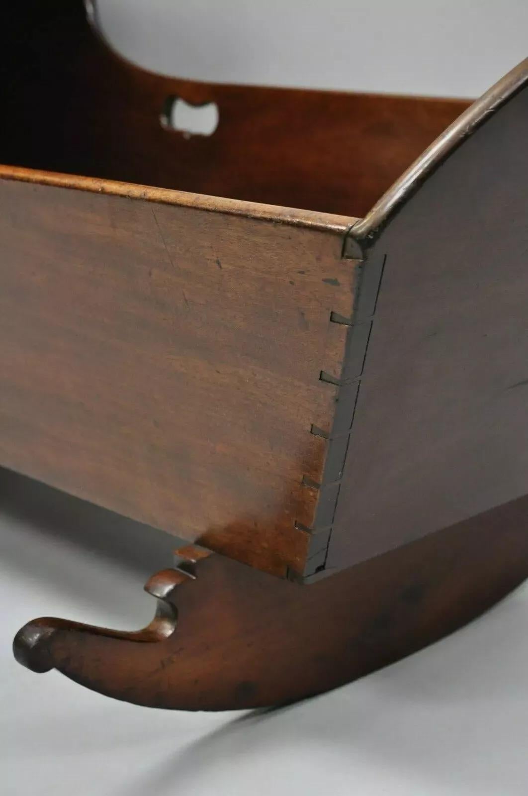 19th Century Antique Victorian Dovetailed Crotch Mahogany Wooden Hooded Baby Cradle For Sale