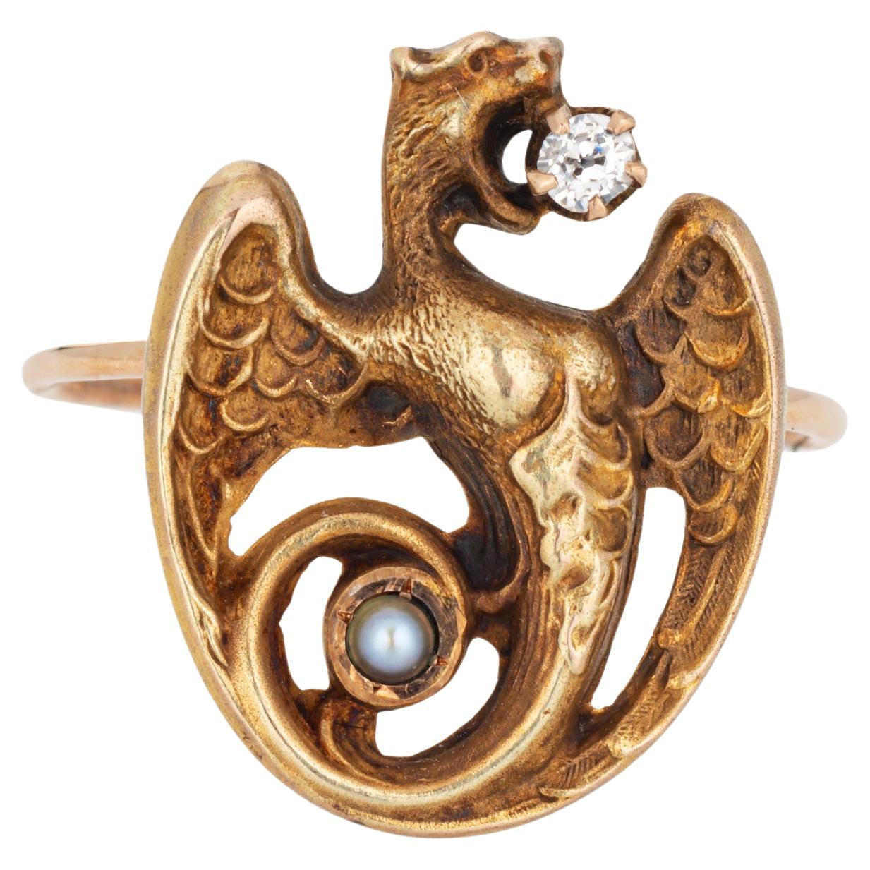 Antique Victorian Dragon Ring Conversion Griffin Diamond 14k Yellow Gold Sz 4