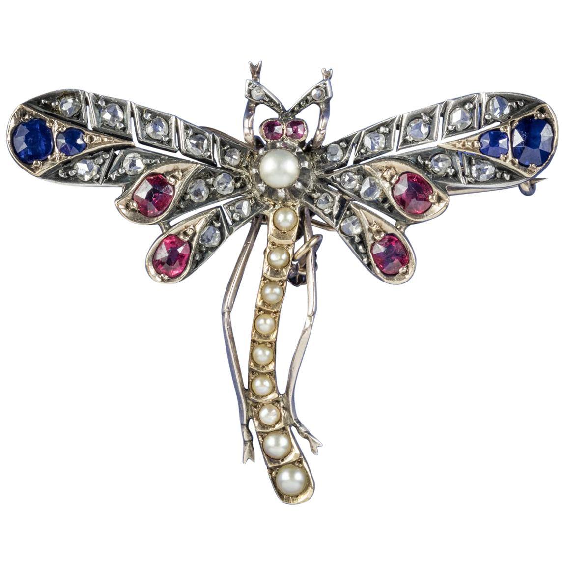 Antique Victorian Diamond Sapphire Ruby Pearl circa 1900 Dragonfly Brooch For Sale
