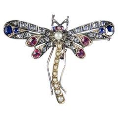 Antique Victorian Dragonfly Brooch Diamond Sapphire Ruby Pearl 