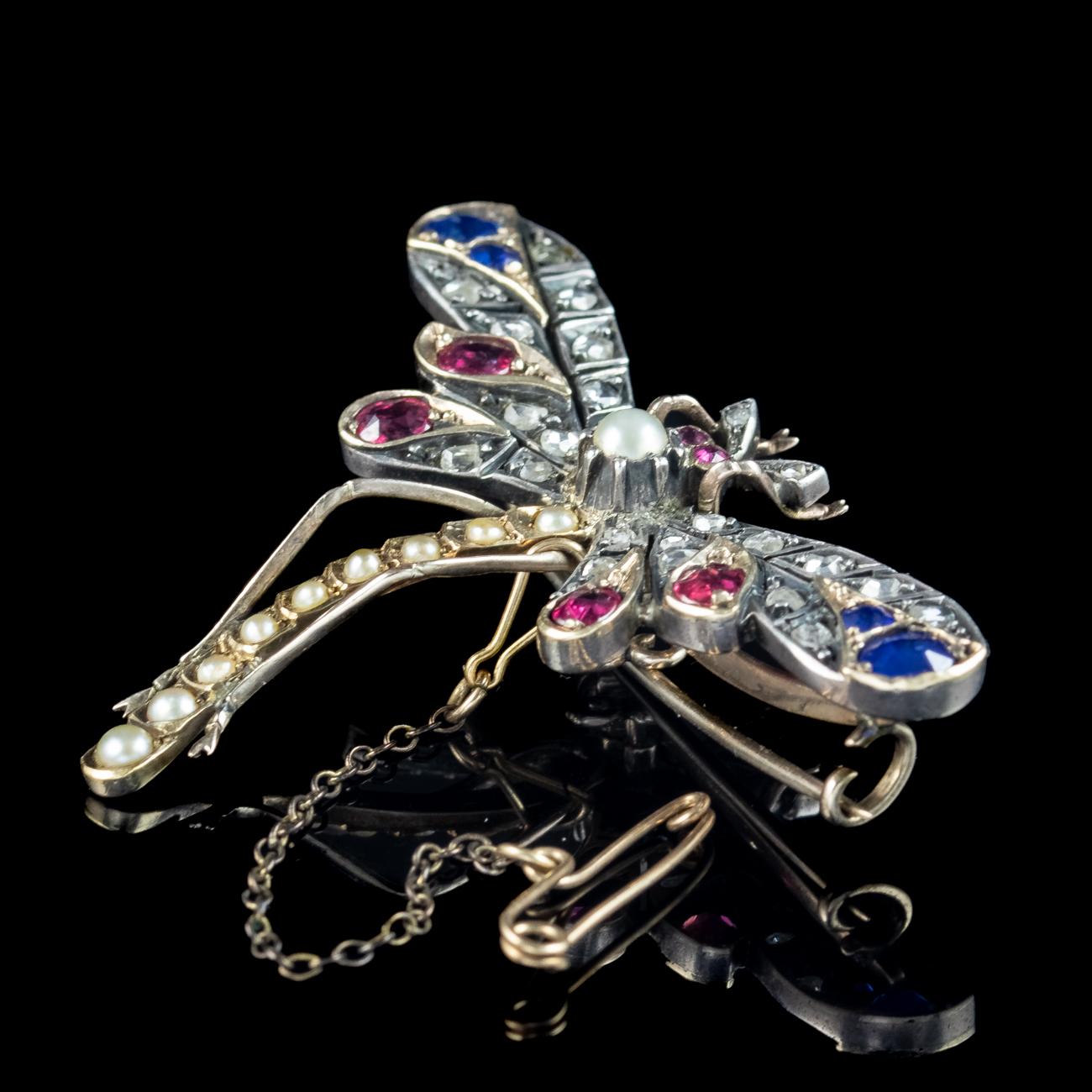 Antique Cushion Cut Antique Victorian Dragonfly Brooch Diamond Sapphire Ruby Pearl  For Sale