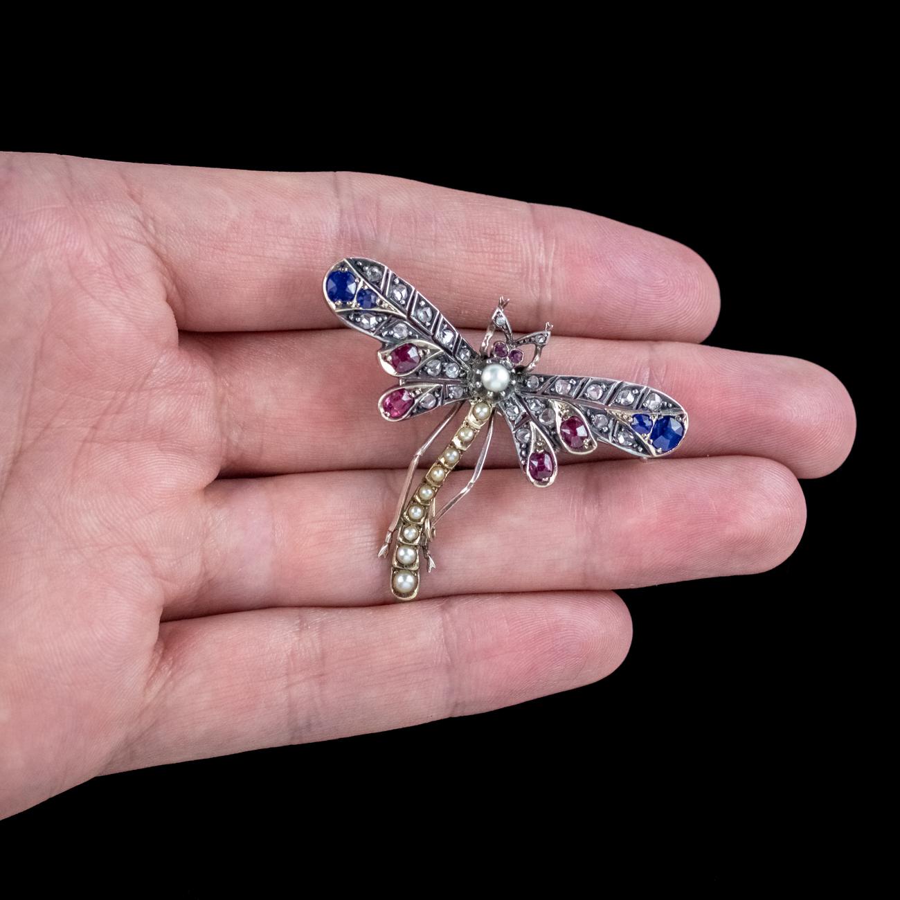 Antique Cushion Cut Antique Victorian Dragonfly Brooch Diamond Sapphire Ruby Pearl  For Sale