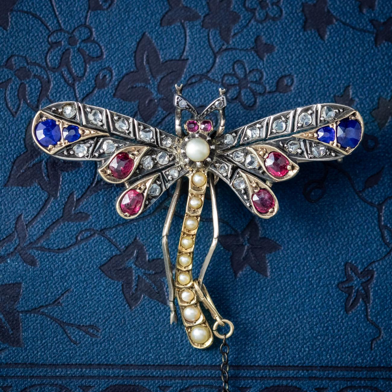 Women's Antique Victorian Dragonfly Brooch Diamond Sapphire Ruby Pearl  For Sale