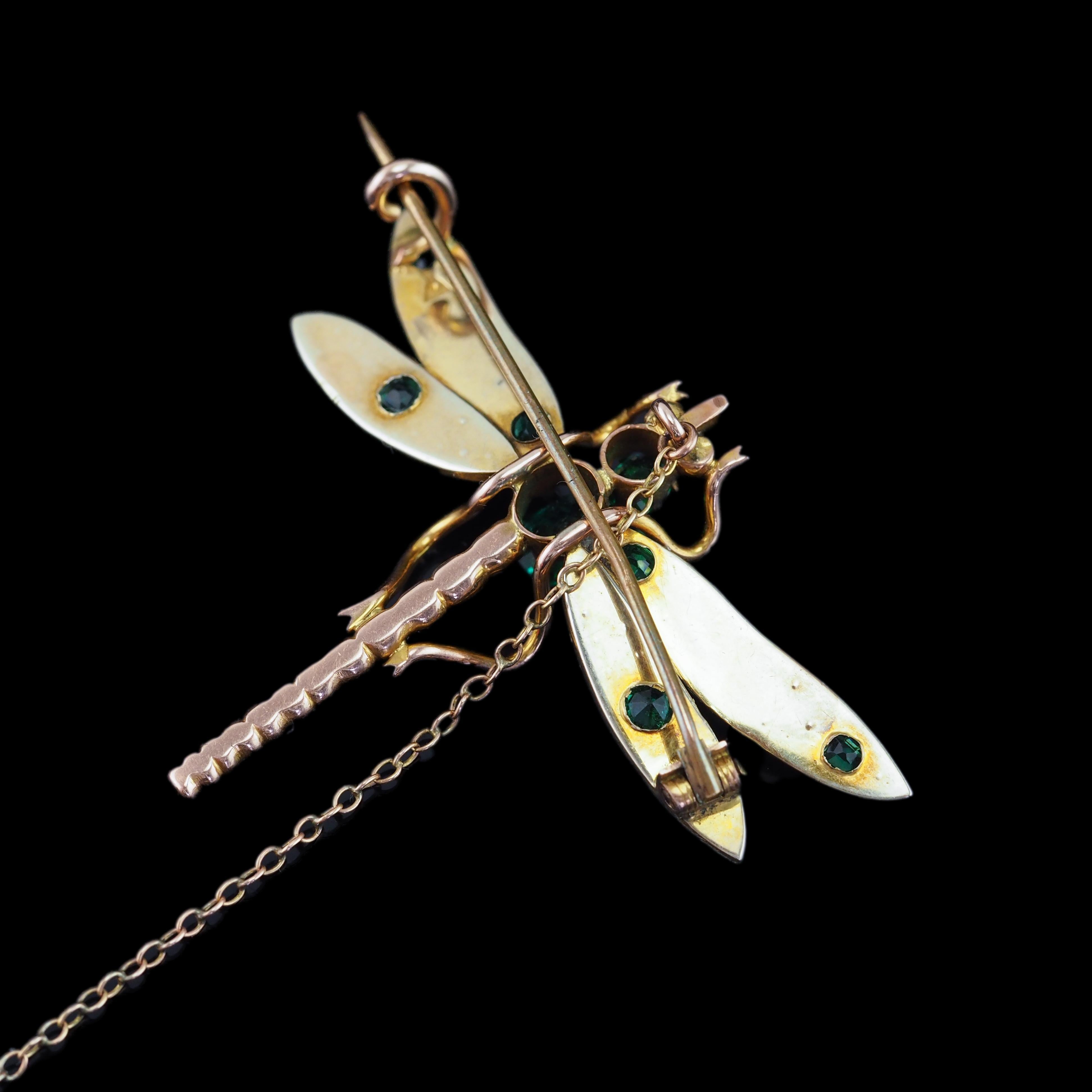 Antique Victorian Dragonfly Brooch Garnet & Seed Pearl 9K Gold - c.1900 5