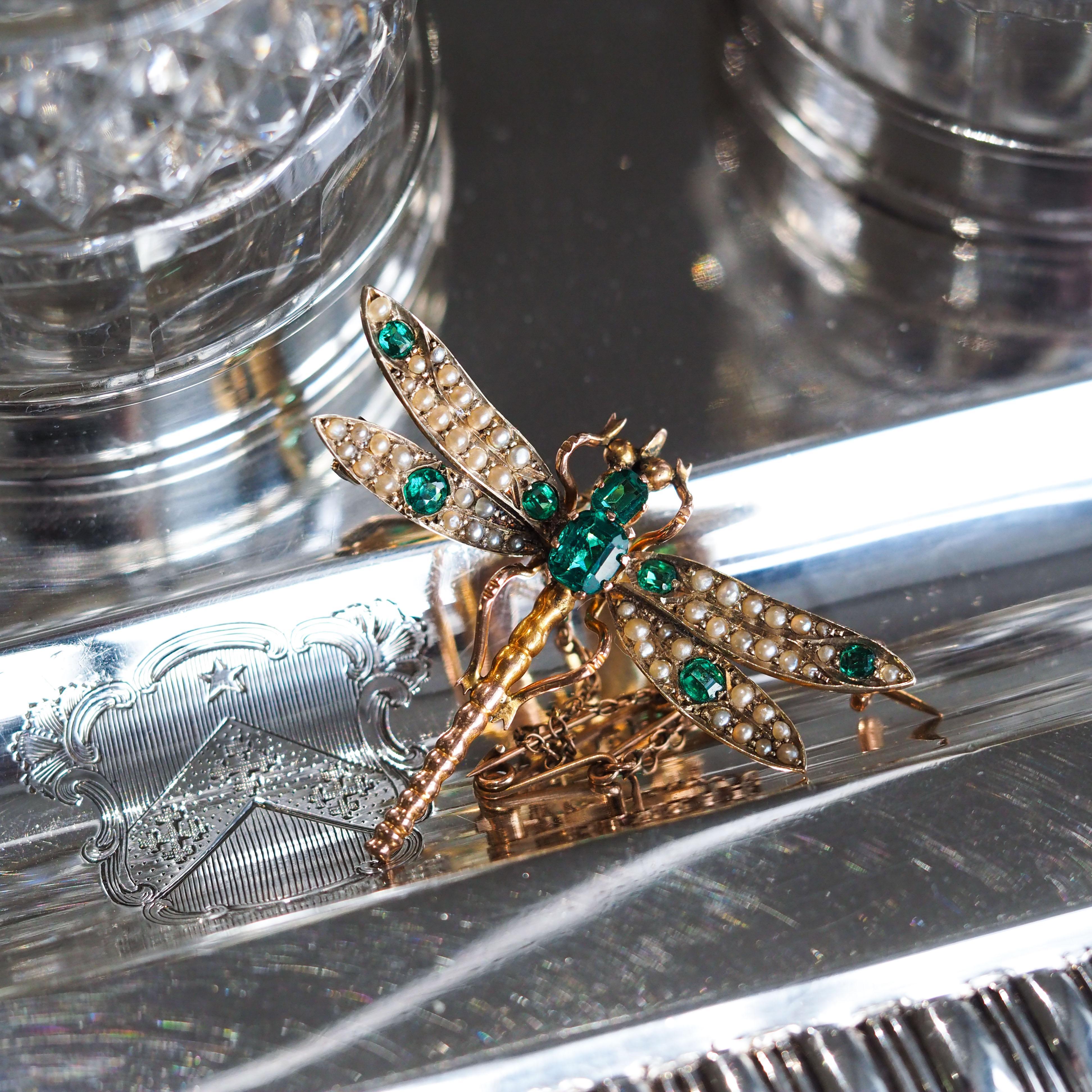 Antique Victorian Dragonfly Brooch Garnet & Seed Pearl 9K Gold - c.1900 6