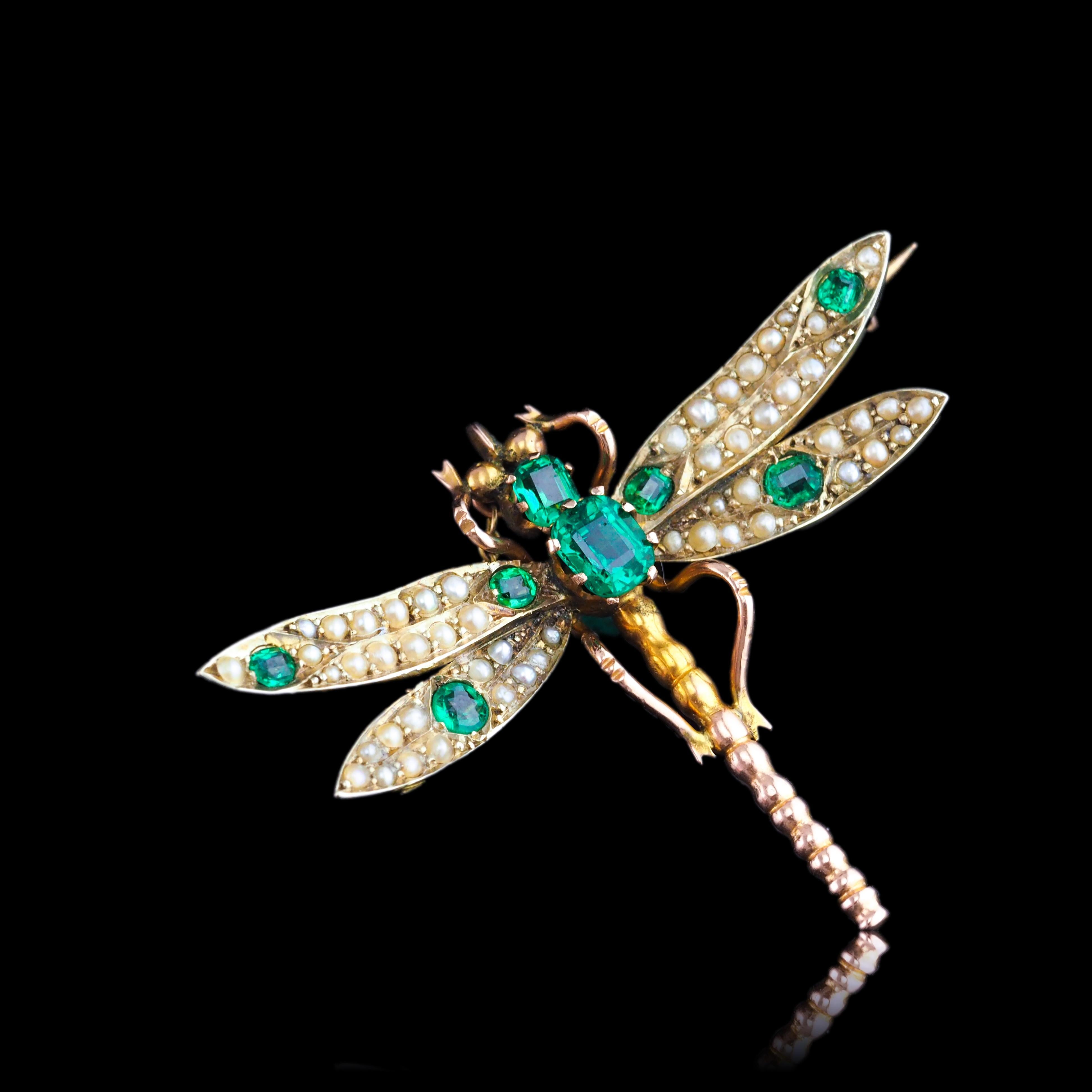 Antique Victorian Dragonfly Brooch Garnet & Seed Pearl 9K Gold - c.1900 7