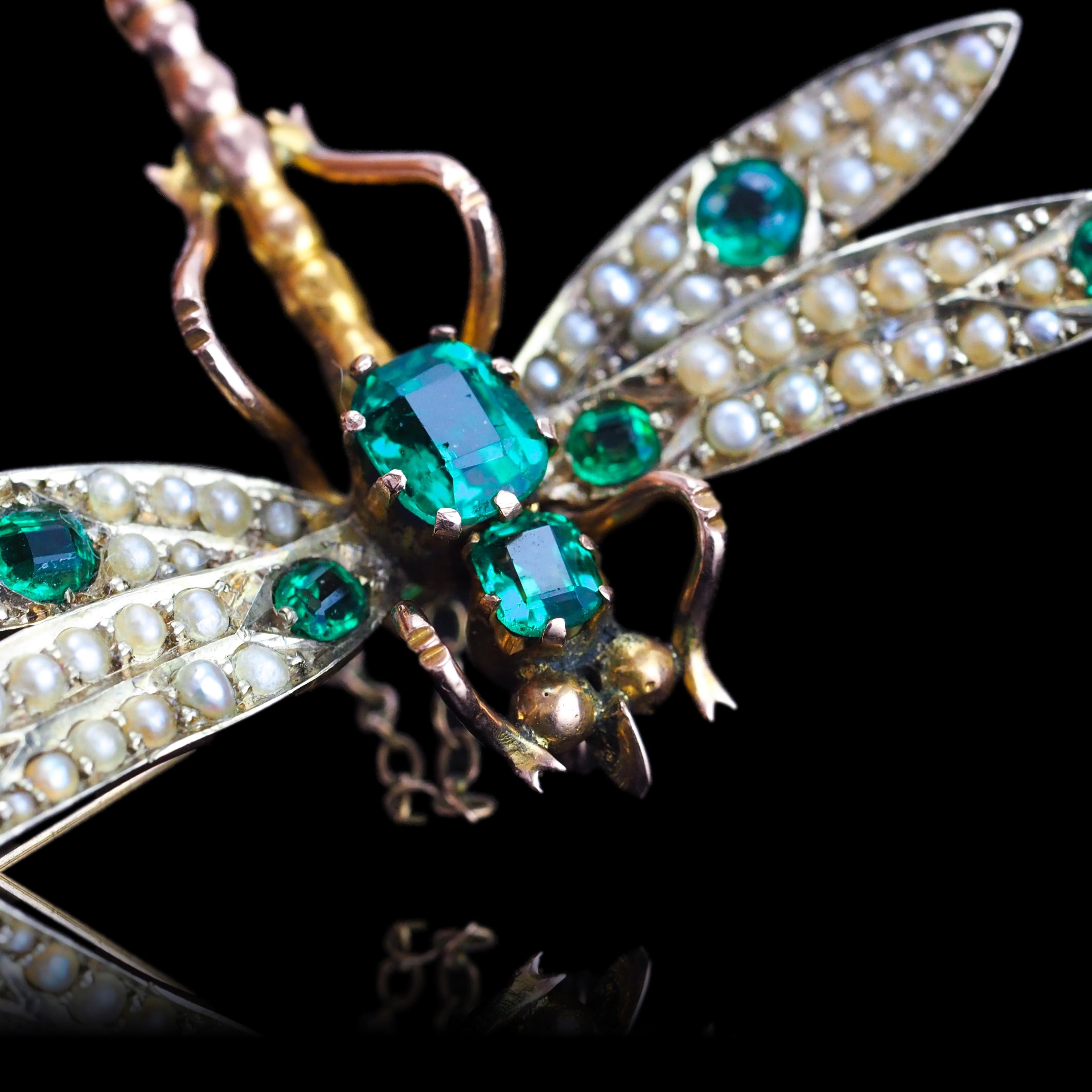Antique Victorian Dragonfly Brooch Garnet & Seed Pearl 9K Gold - c.1900 8