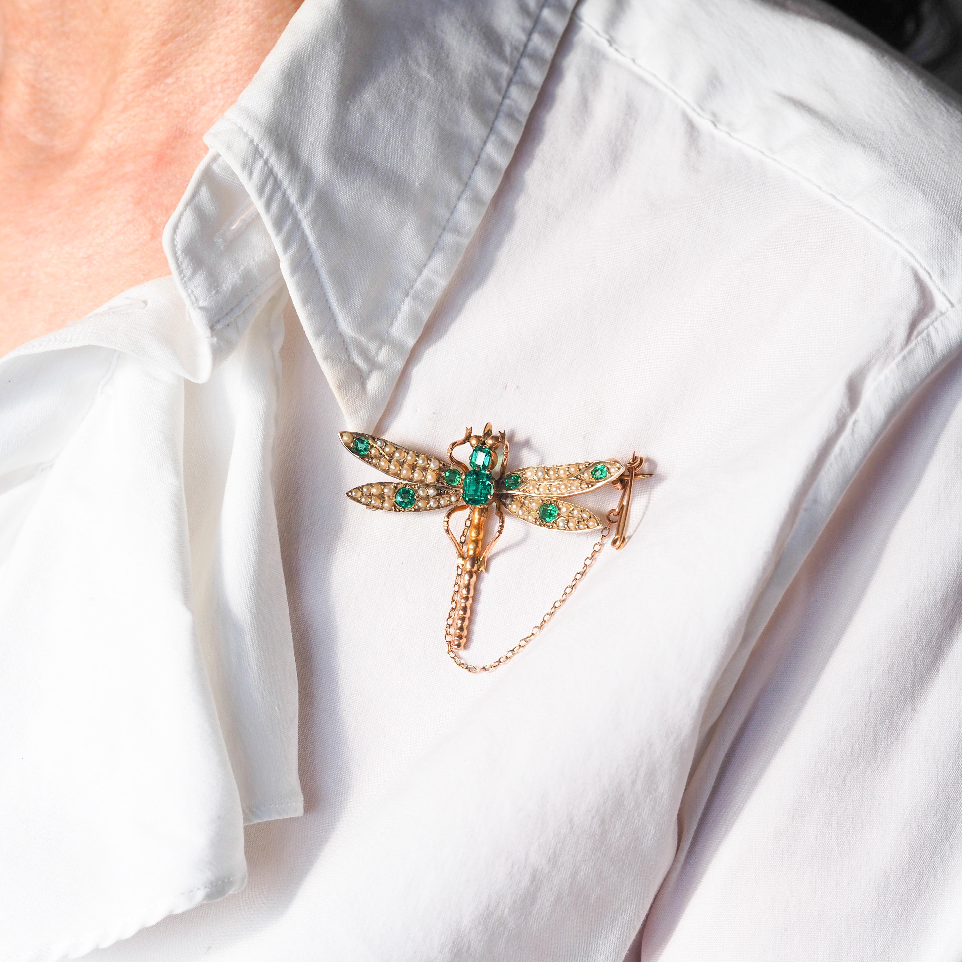 Antique Victorian Dragonfly Brooch Garnet & Seed Pearl 9K Gold - c.1900 9