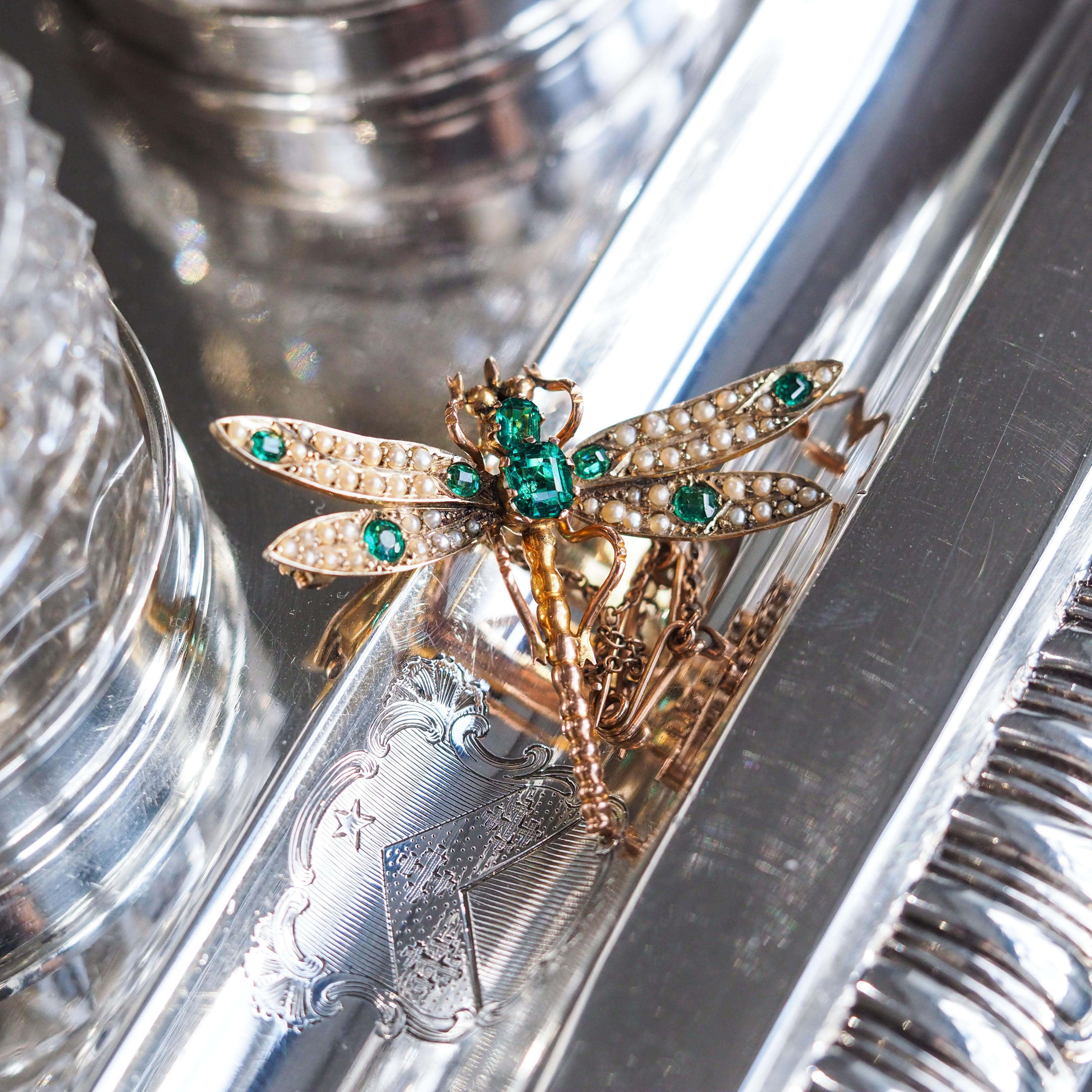 Antique Victorian Dragonfly Brooch Garnet & Seed Pearl 9K Gold - c.1900 10