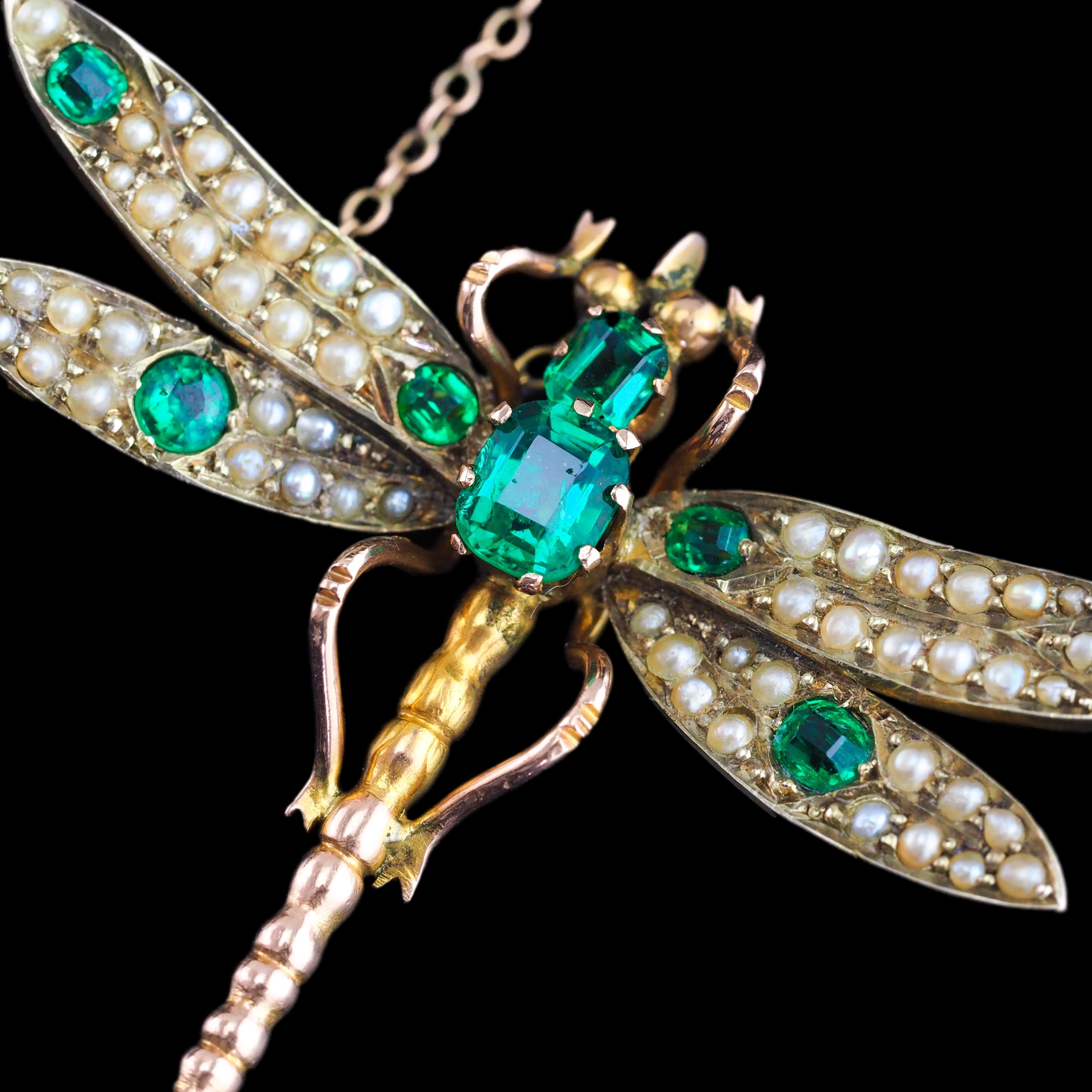 Antique Victorian Dragonfly Brooch Garnet & Seed Pearl 9K Gold - c.1900 12