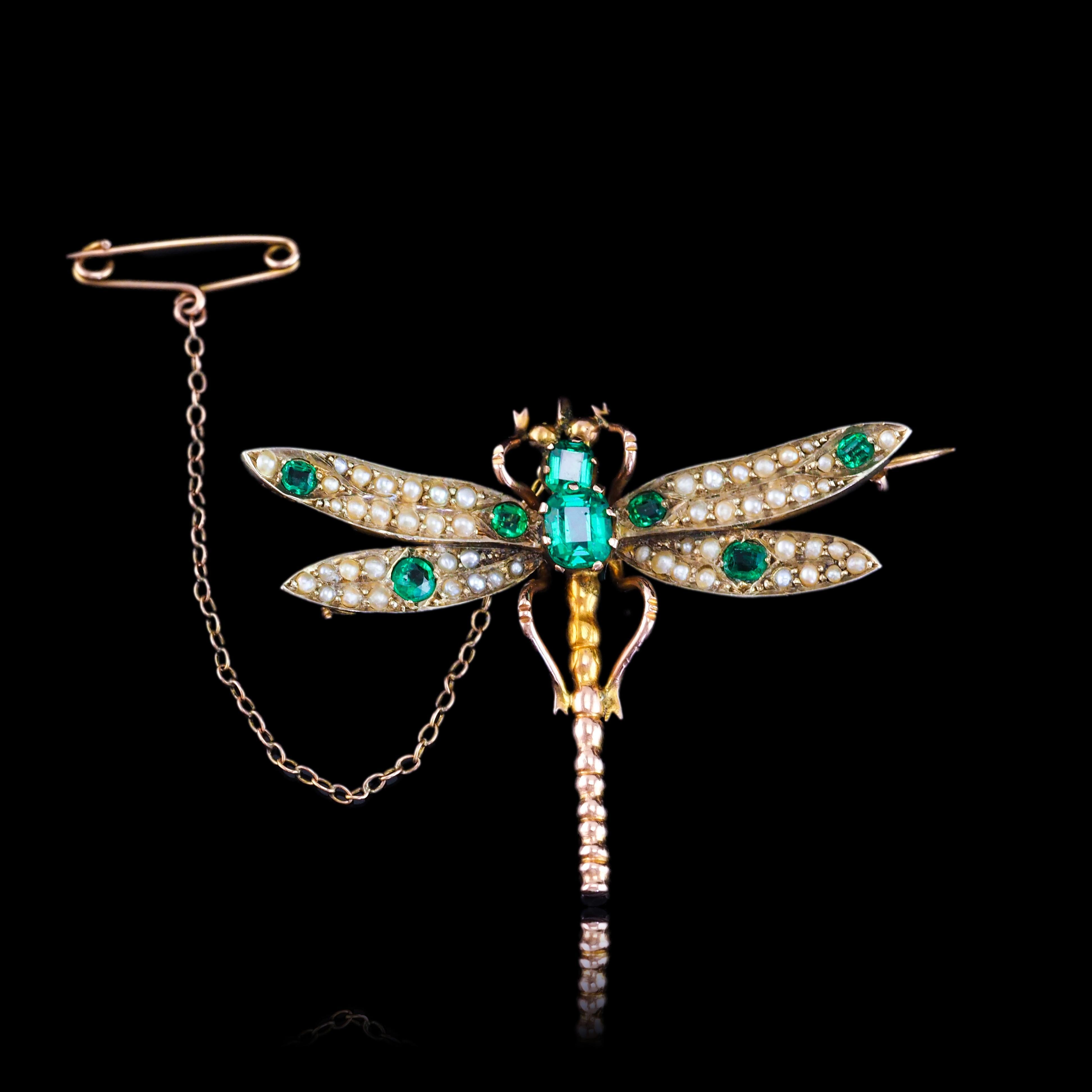 Antique Victorian Dragonfly Brooch Garnet & Seed Pearl 9K Gold - c.1900 13