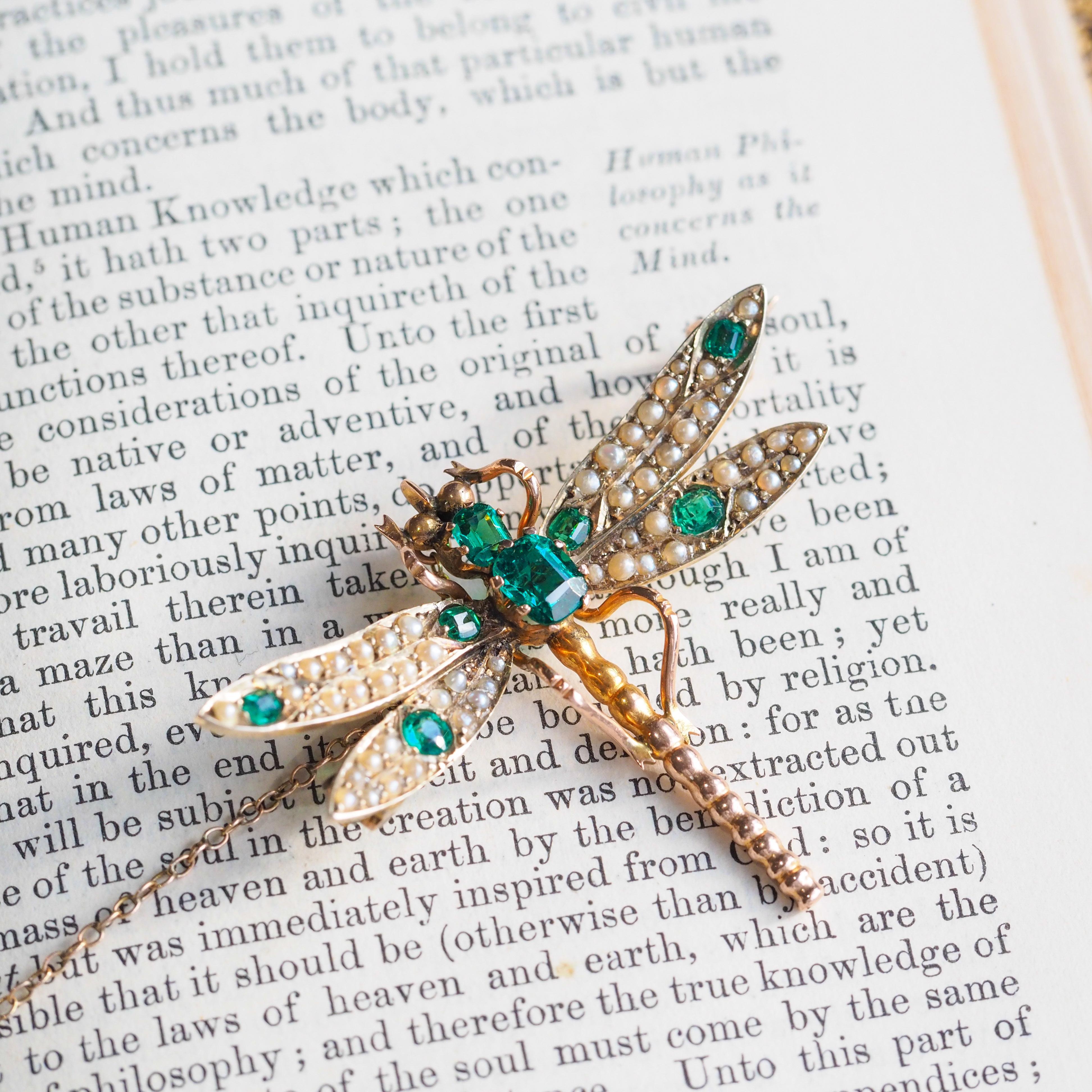 Antique Victorian Dragonfly Brooch Garnet & Seed Pearl 9K Gold - c.1900 14