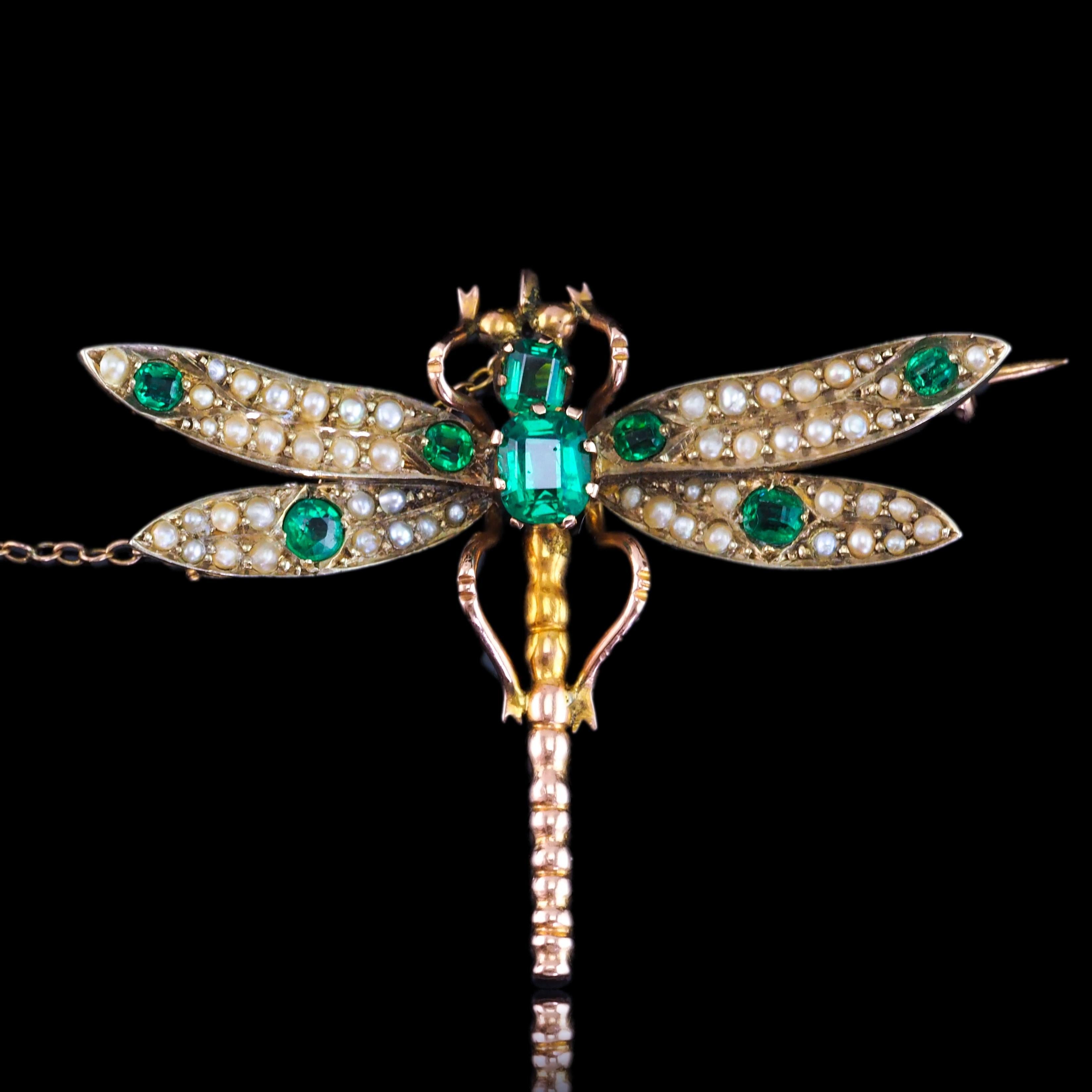 Antique Victorian Dragonfly Brooch Garnet & Seed Pearl 9K Gold - c.1900 15