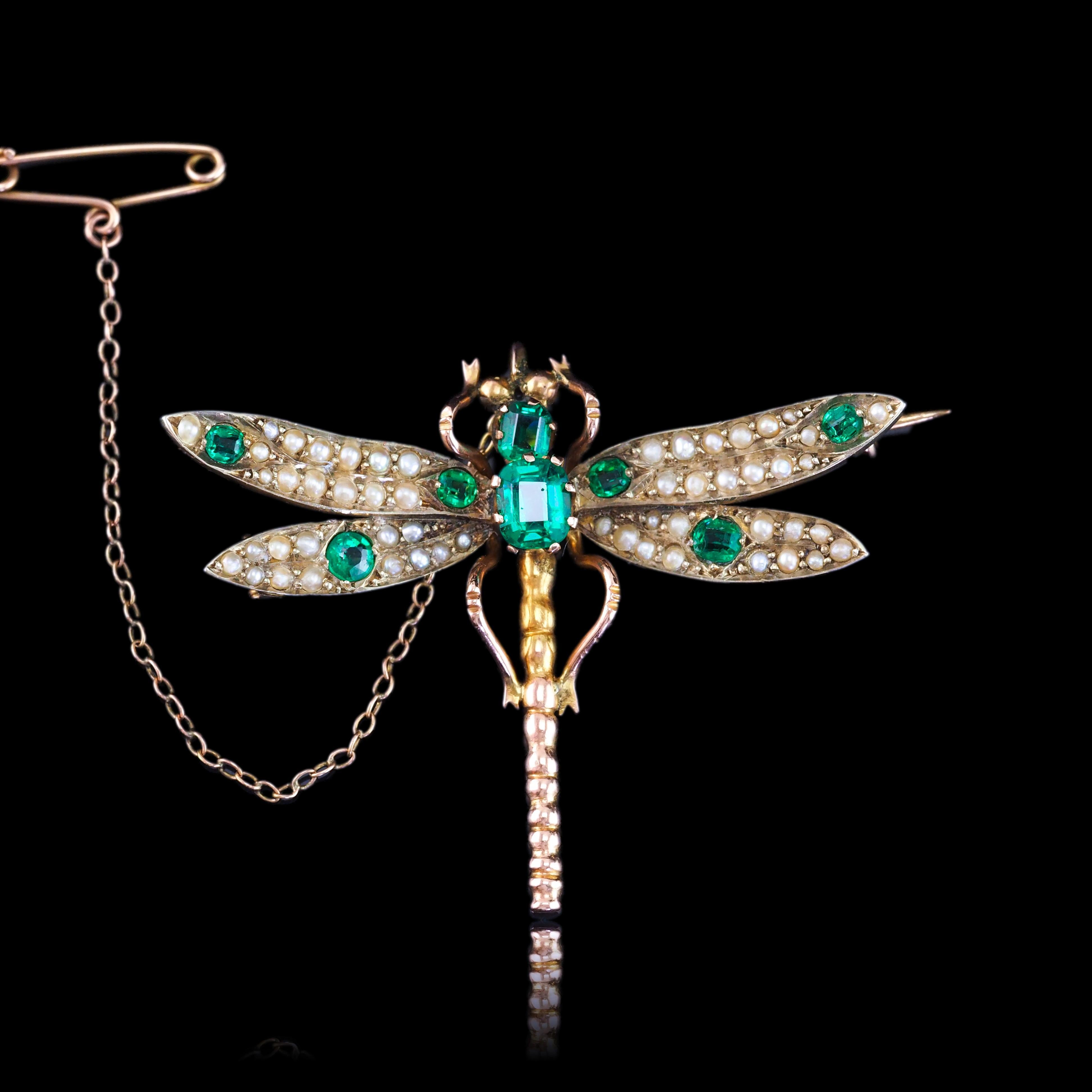 Antique Victorian Dragonfly Brooch Garnet & Seed Pearl 9K Gold - c.1900 1