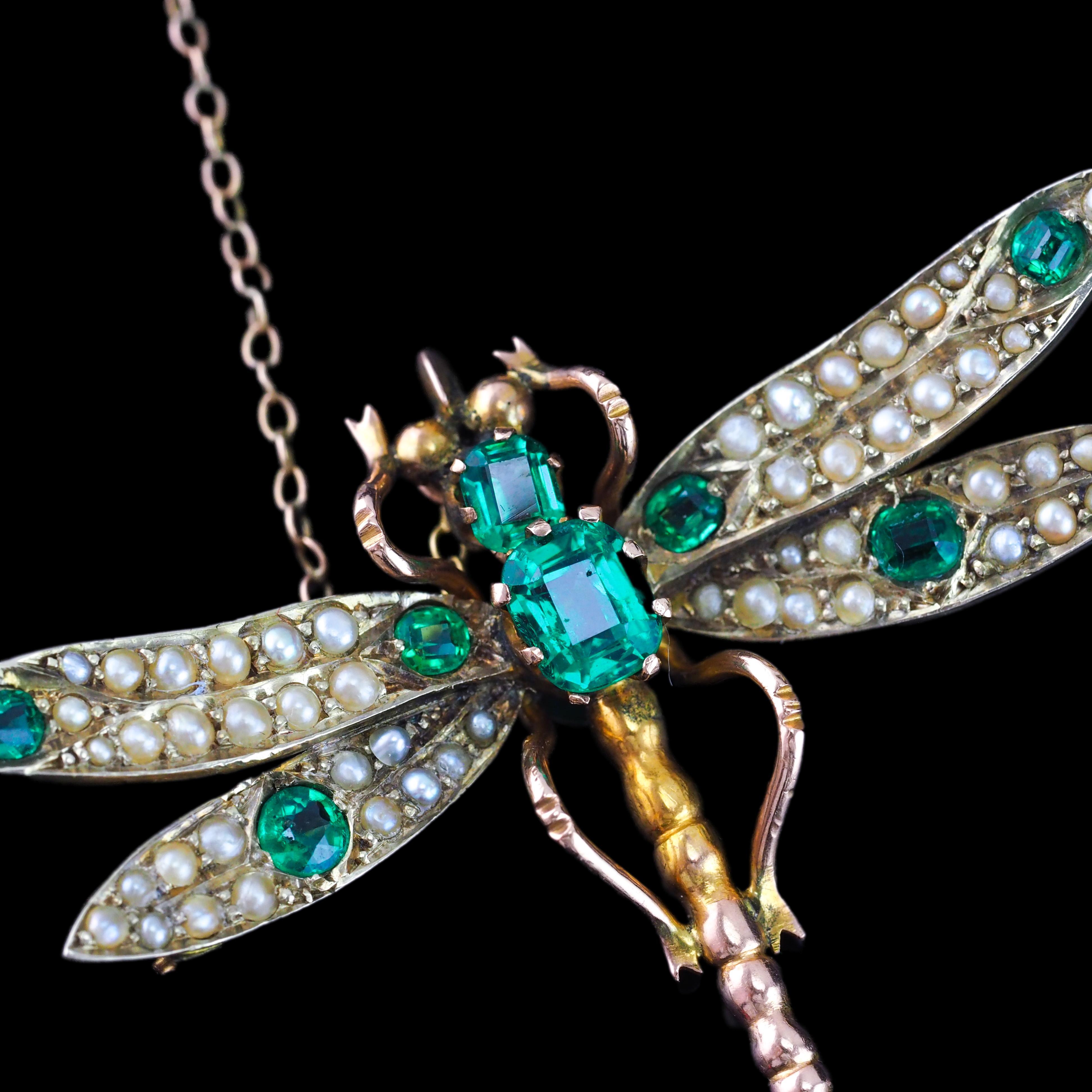 Antique Victorian Dragonfly Brooch Garnet & Seed Pearl 9K Gold - c.1900 2