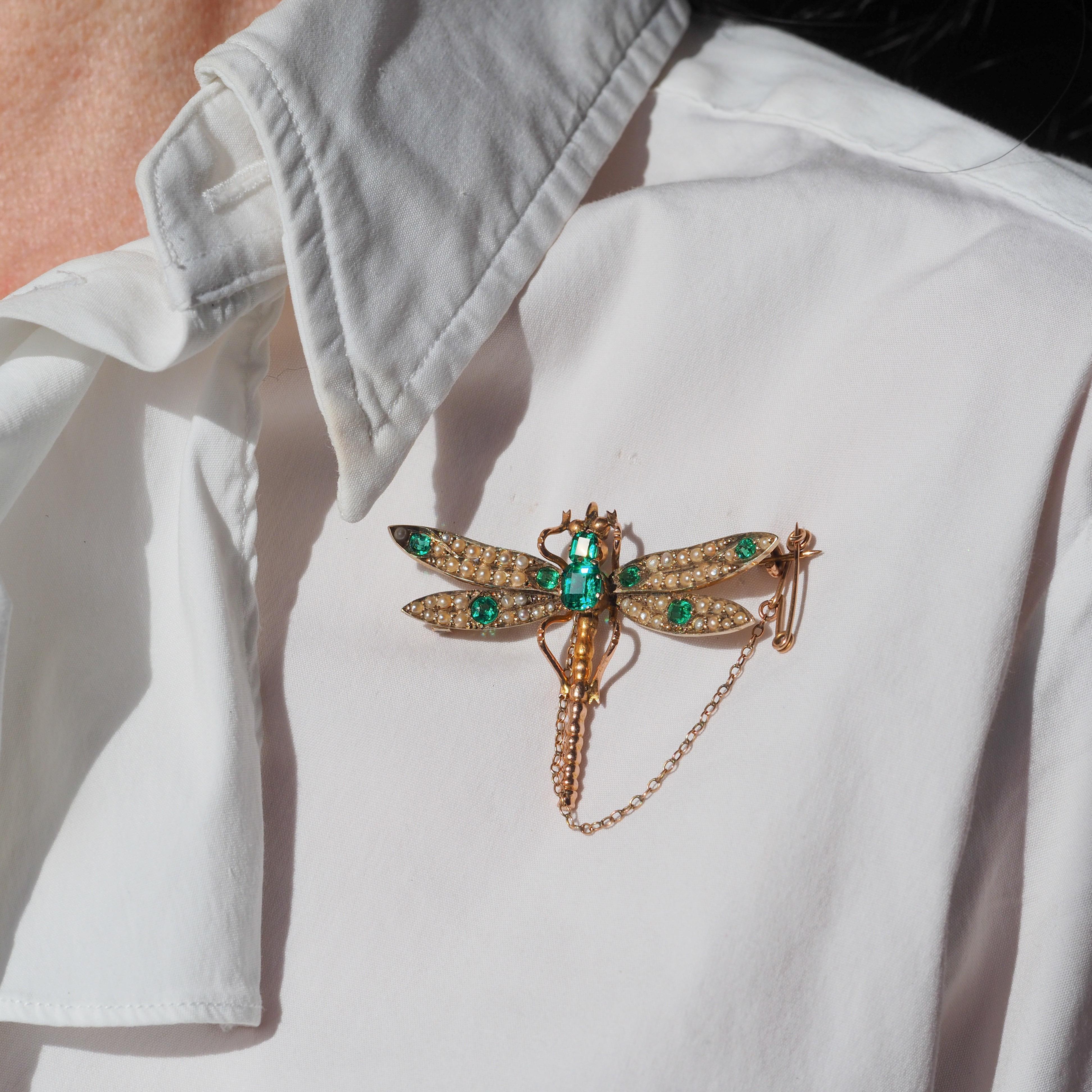 Antique Victorian Dragonfly Brooch Garnet & Seed Pearl 9K Gold - c.1900 3
