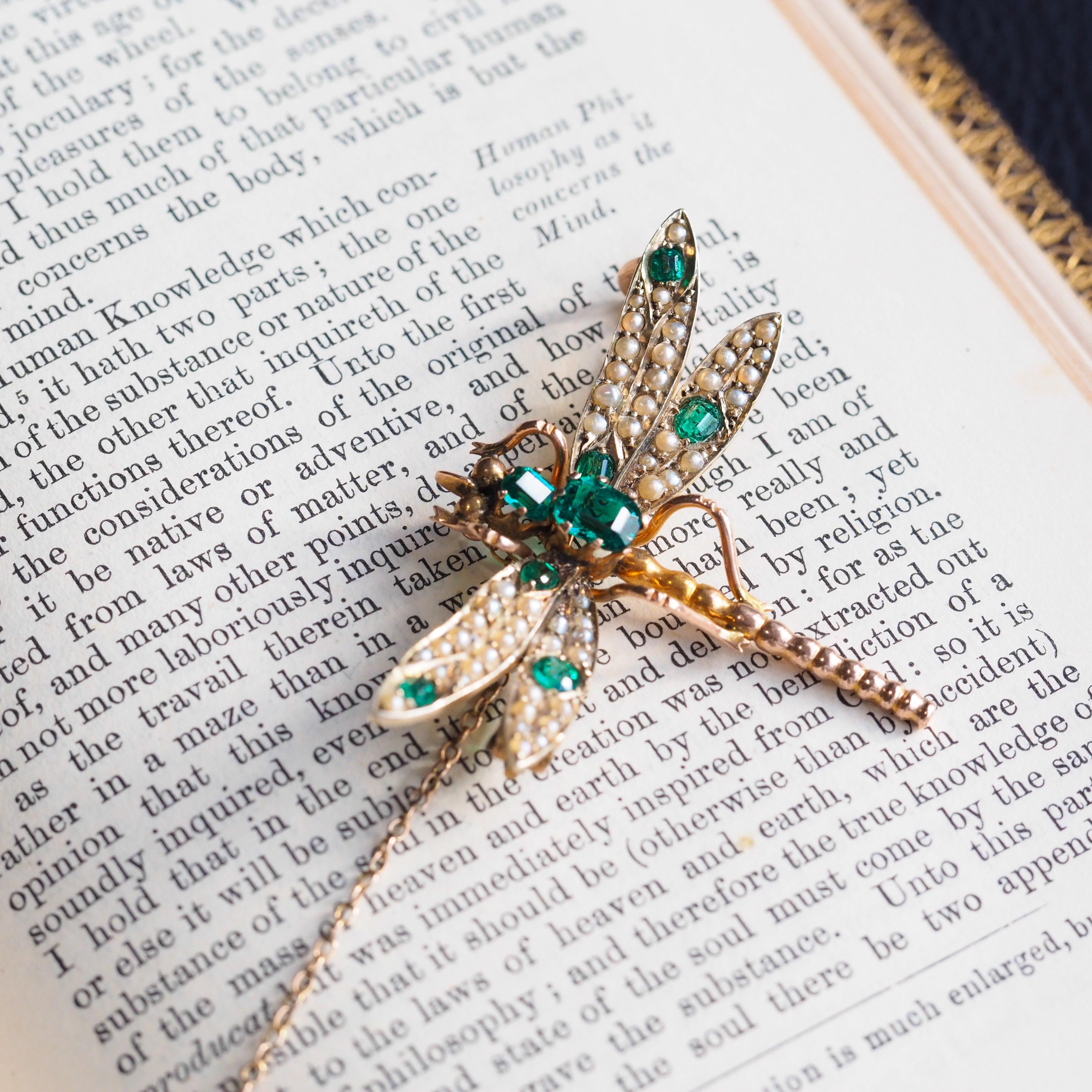 Antique Victorian Dragonfly Brooch Garnet & Seed Pearl 9K Gold - c.1900 4