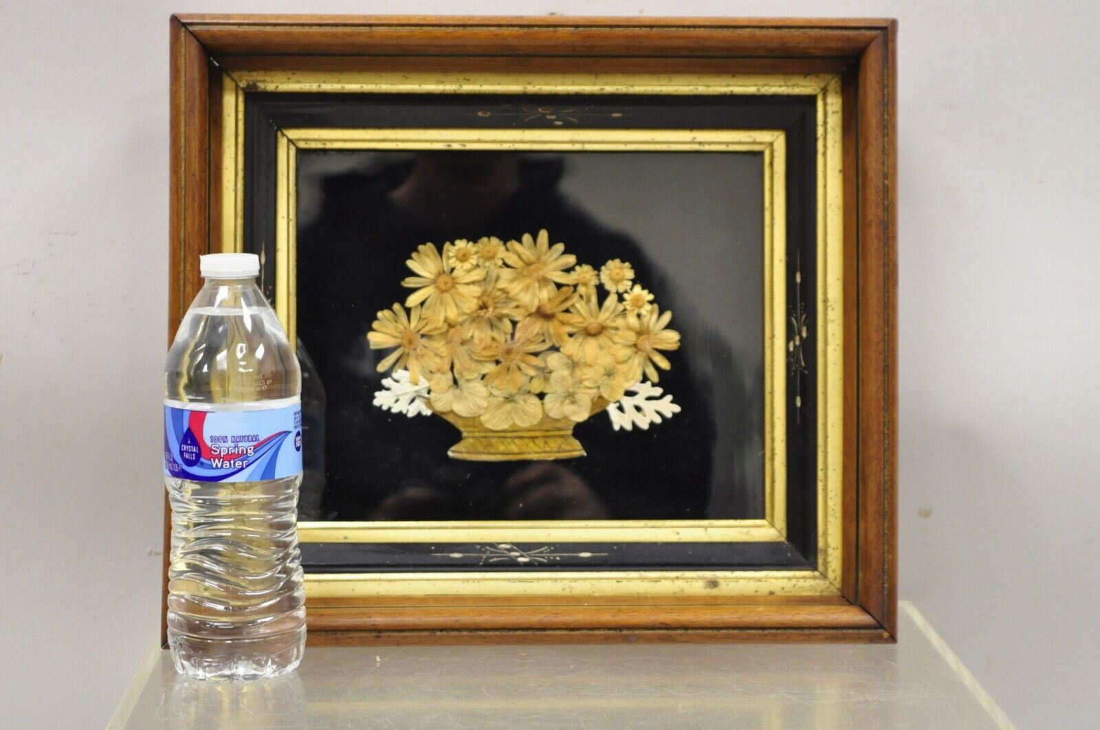 Antique Victorian Dried Flowers Mourning Wreath Mahogany Shadow Box Frame Oddity For Sale 2