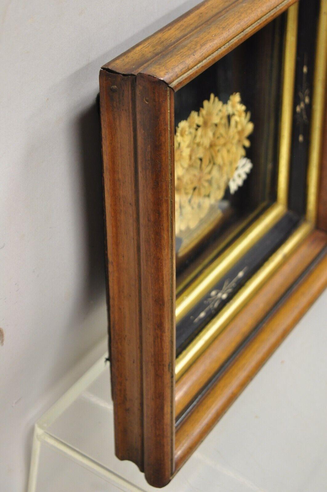 Antique Victorian Dried Flowers Mourning Wreath Mahogany Shadow Box Frame Oddity For Sale 3