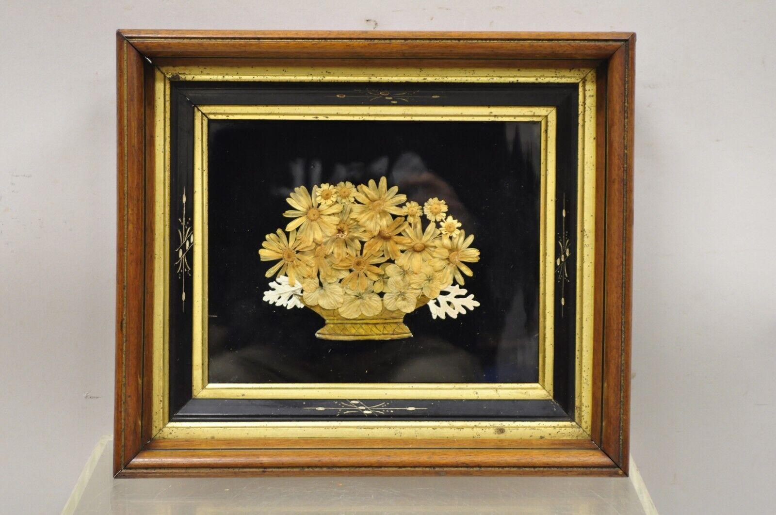 Antique Victorian Dried Flowers Mourning Wreath mahogany shadow box frame Oddity. Item features dried flower arrangement, glass front, mahogany wood shadow box frame, gold gilt trim, very nice antique item. Circa 19th Century. Measurements: 12.5
