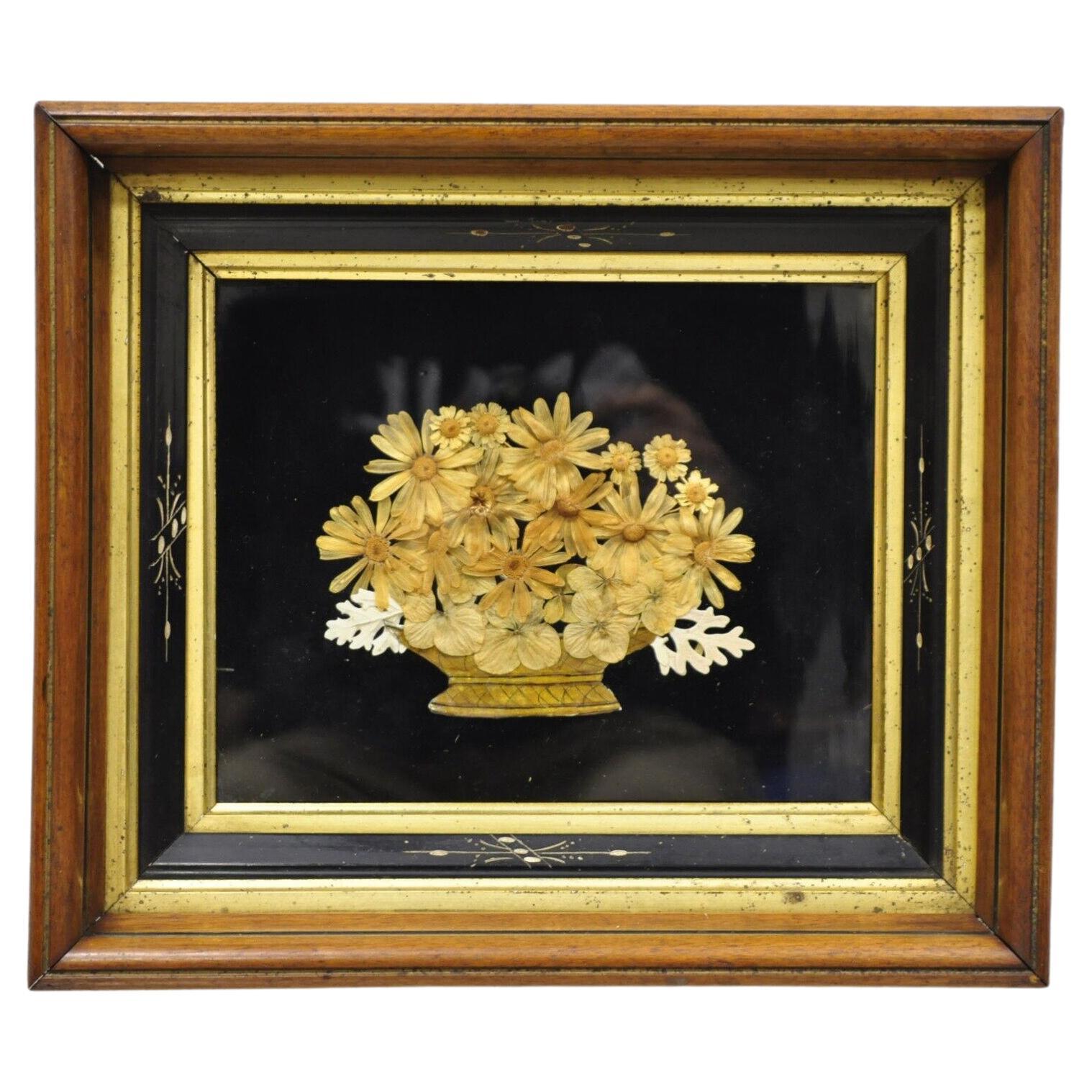 Antique Victorian Dried Flowers Mourning Wreath Mahogany Shadow Box Frame Oddity