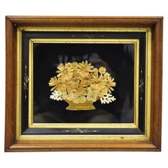 Used Victorian Dried Flowers Mourning Wreath Mahogany Shadow Box Frame Oddity