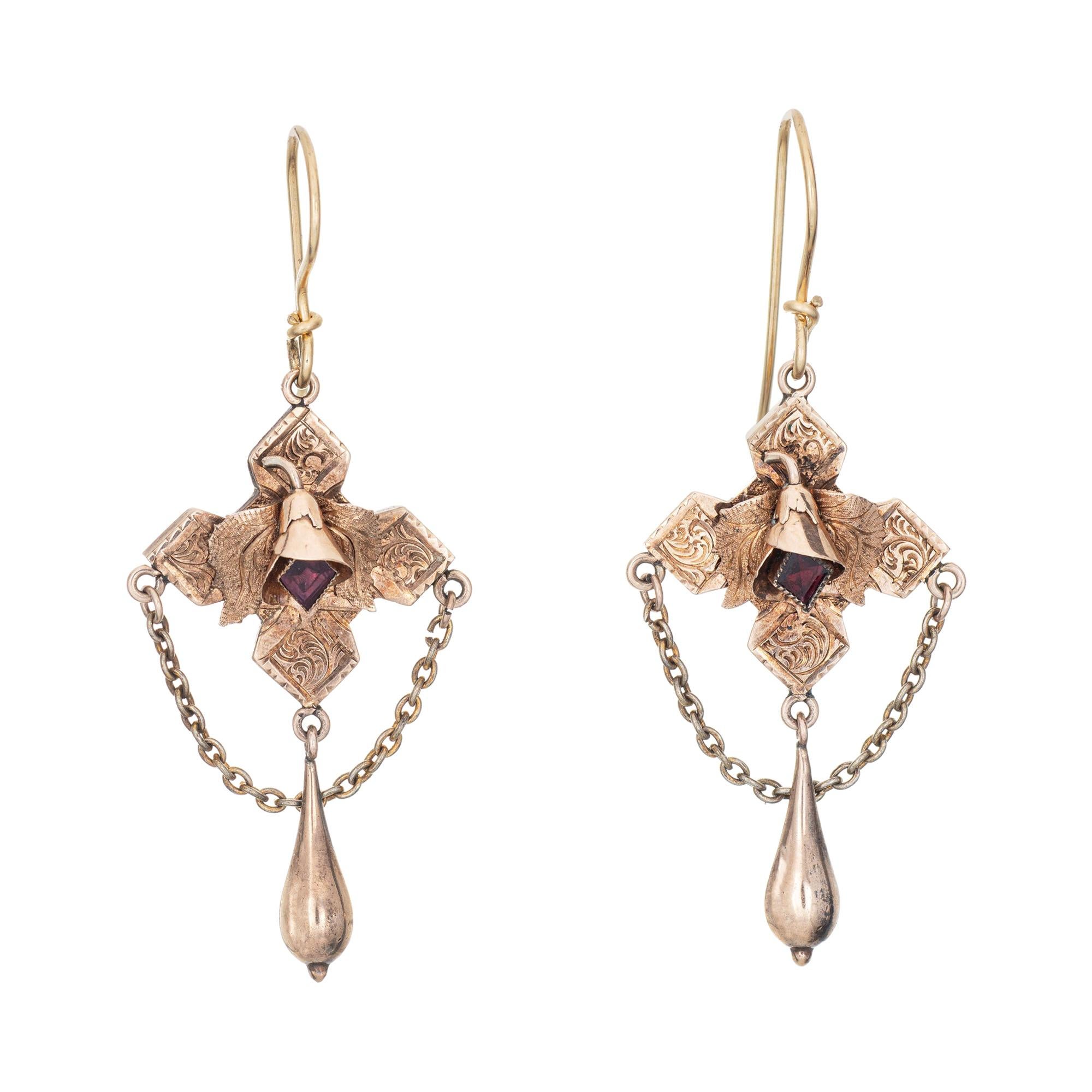 Antique Victorian Drop Earrings Amethyst 10k Rose Gold Vintage Jewelry Leaf