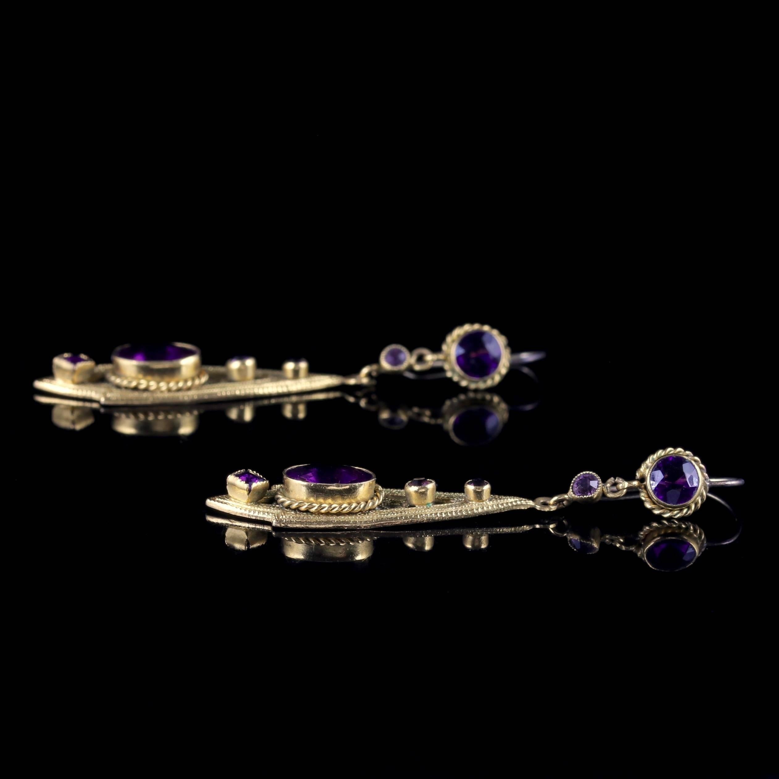 Women's Antique Victorian Drop Earrings Purple Paste Gold Gilt, circa 1900