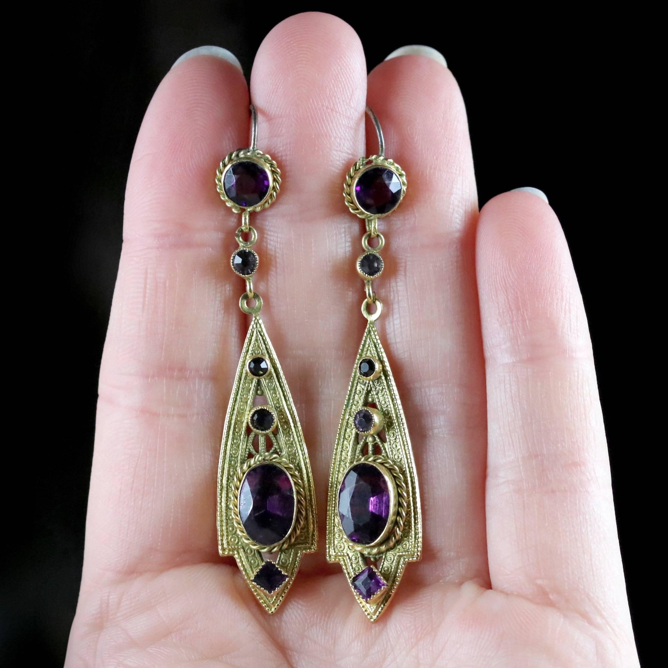 Antique Victorian Drop Earrings Purple Paste Gold Gilt, circa 1900 2