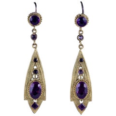 Antique Victorian Drop Earrings Purple Paste Gold Gilt, circa 1900