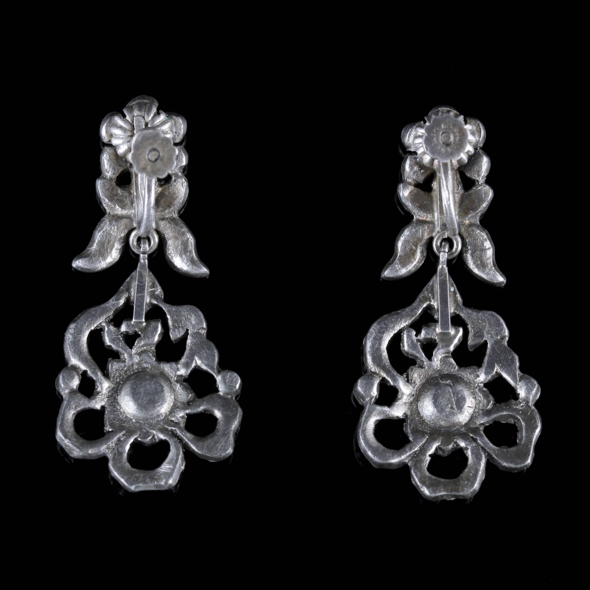 Antique Victorian Drop Earrings Silver Paste Flowers, circa 1900 In Excellent Condition In Lancaster, Lancashire