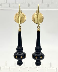 Antique Victorian Drop Earrings Black Glass Stars 14K Gold Hooks