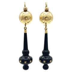 Antique Victorian Drop Earrings Black Glass Stars 14K Gold Hooks