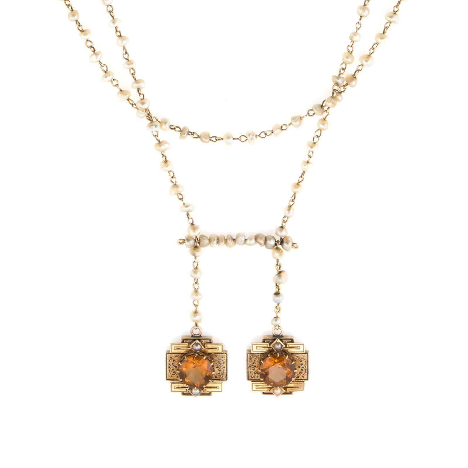 Round Cut Antique Victorian Drop Necklace 14k Gold Citrine Seed Pearls Vintage Jewelry For Sale