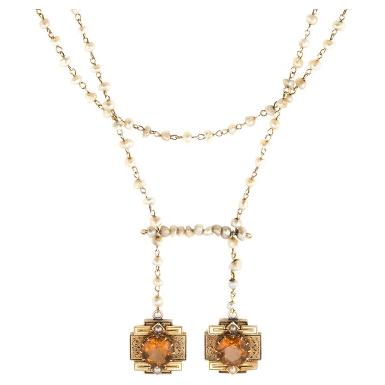 Antique Victorian Drop Necklace 14k Gold Citrine Seed Pearls Vintage