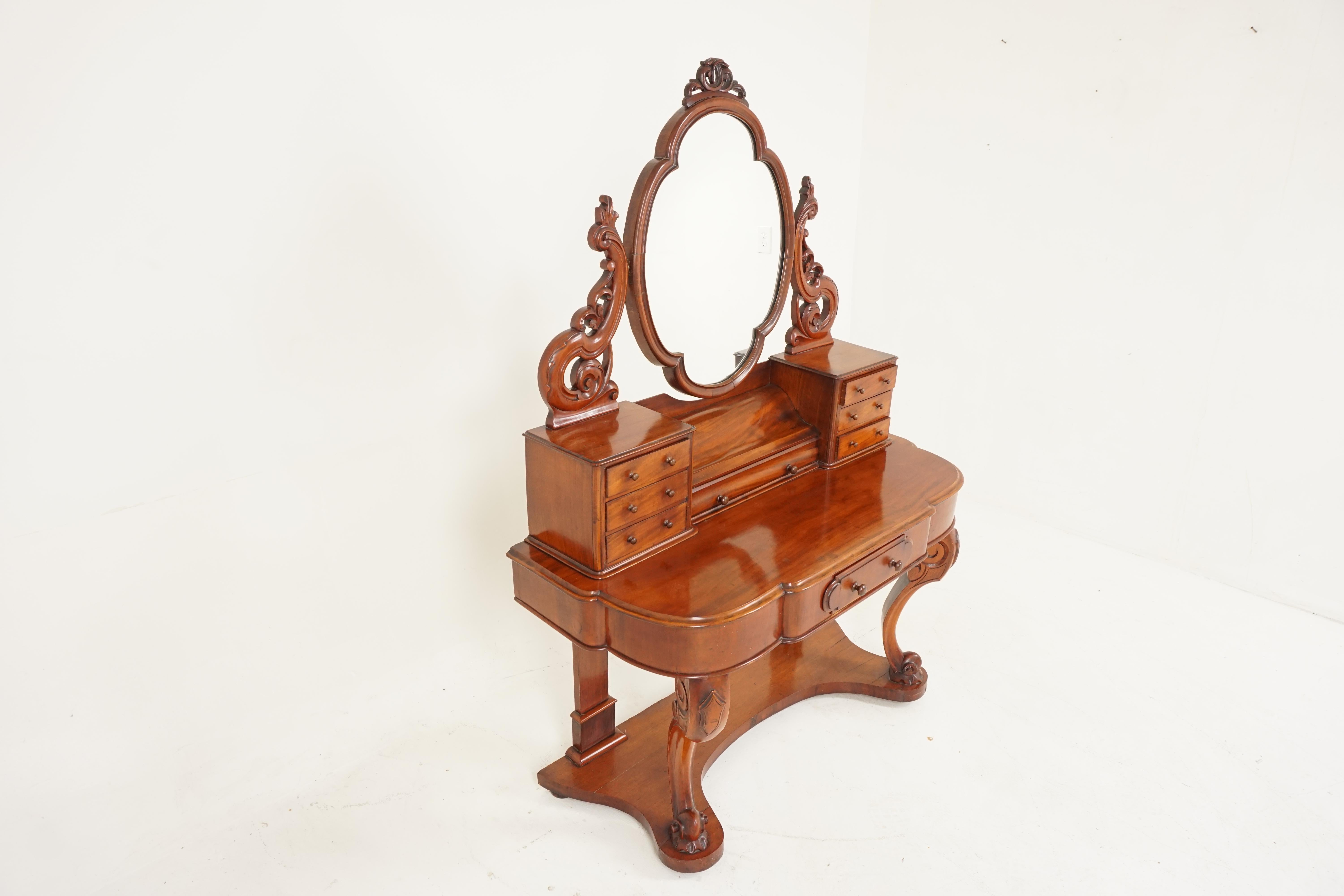 Antique Victorian Duchess vanity w/ mirror, dressing table, Scotland 1870, B2851

Scotland 1870
Solid walnut and veneer
Original finish
The petal shaped mirror is adjustable and topped with scroll work
The table vanity top has one central