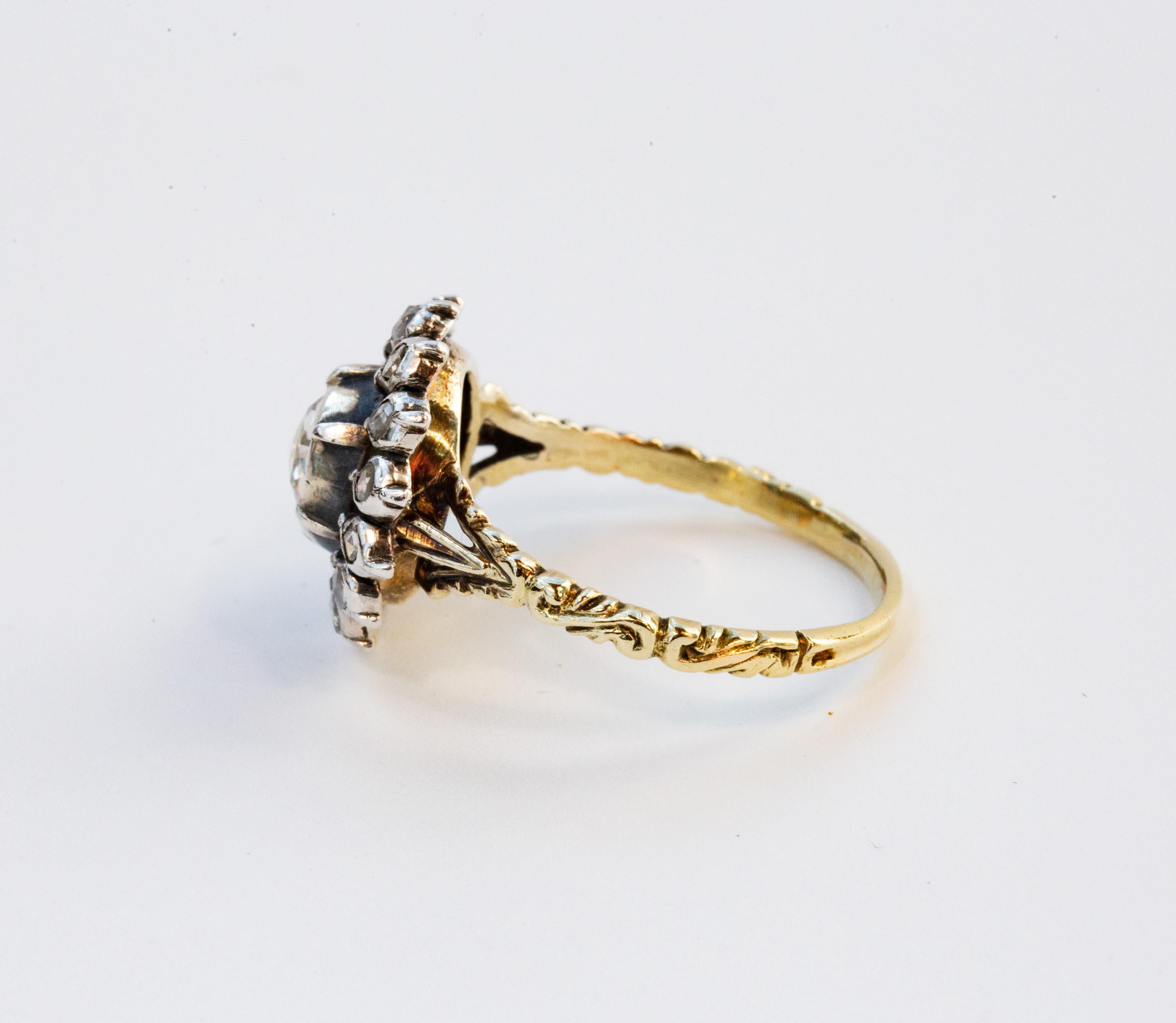 Anello vittoriano olandese in oro e argento 14 carati con diamanti a grappolo in vendita 4