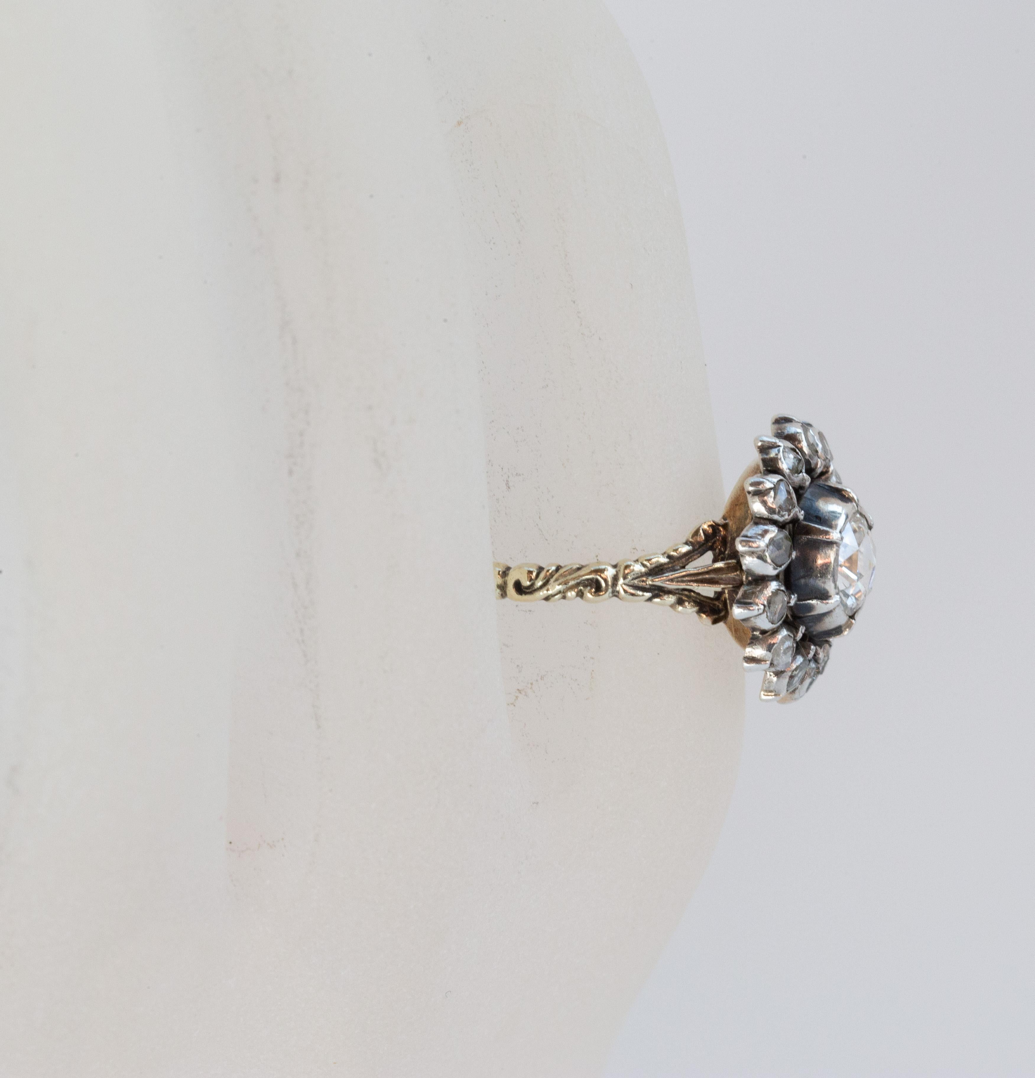 Anello vittoriano olandese in oro e argento 14 carati con diamanti a grappolo in vendita 9